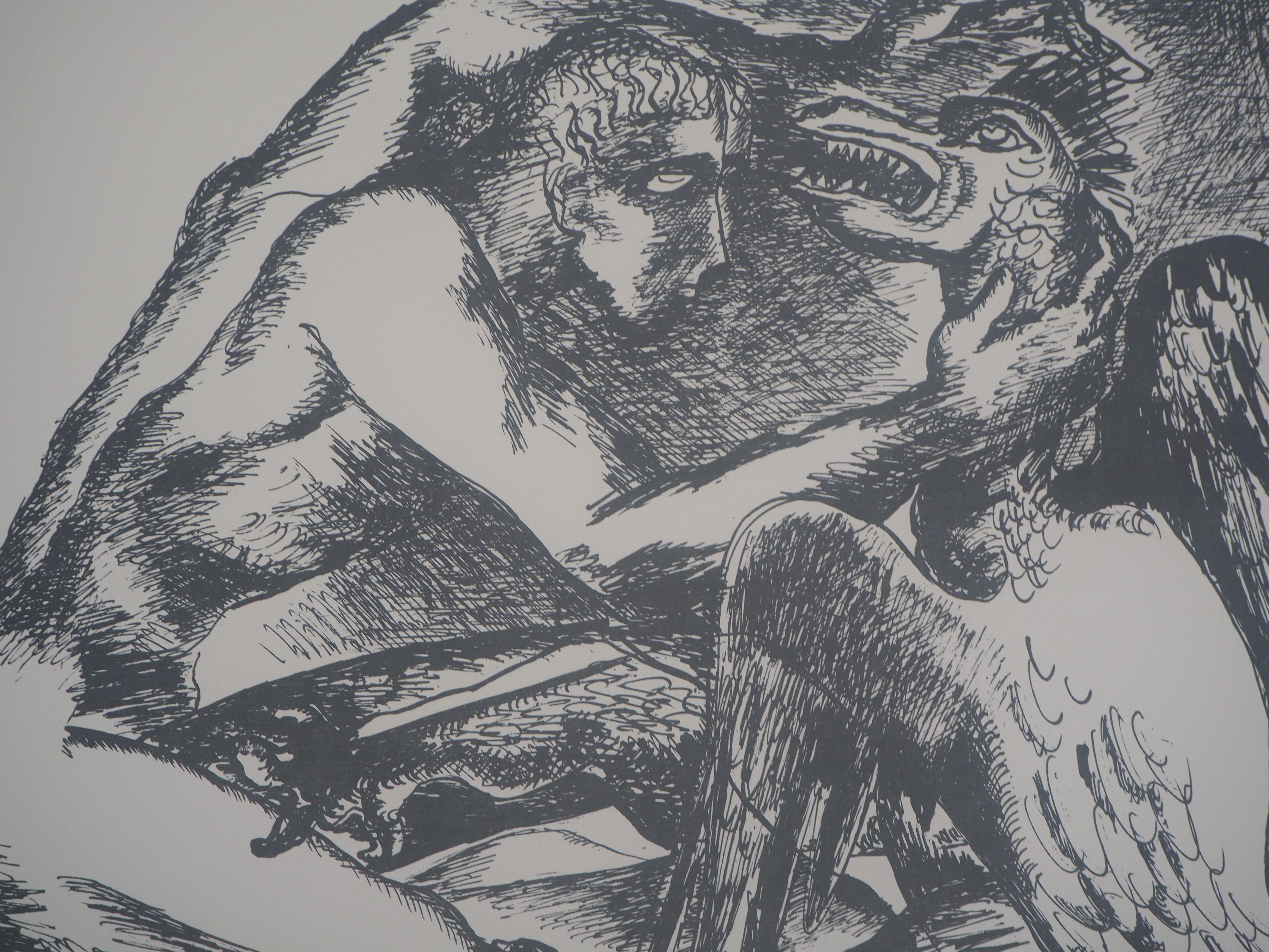 Mythology : Heracles and a Bird -Original Lithograph Hand Signed & Numbered - Gray Figurative Print by Ossip Zadkine