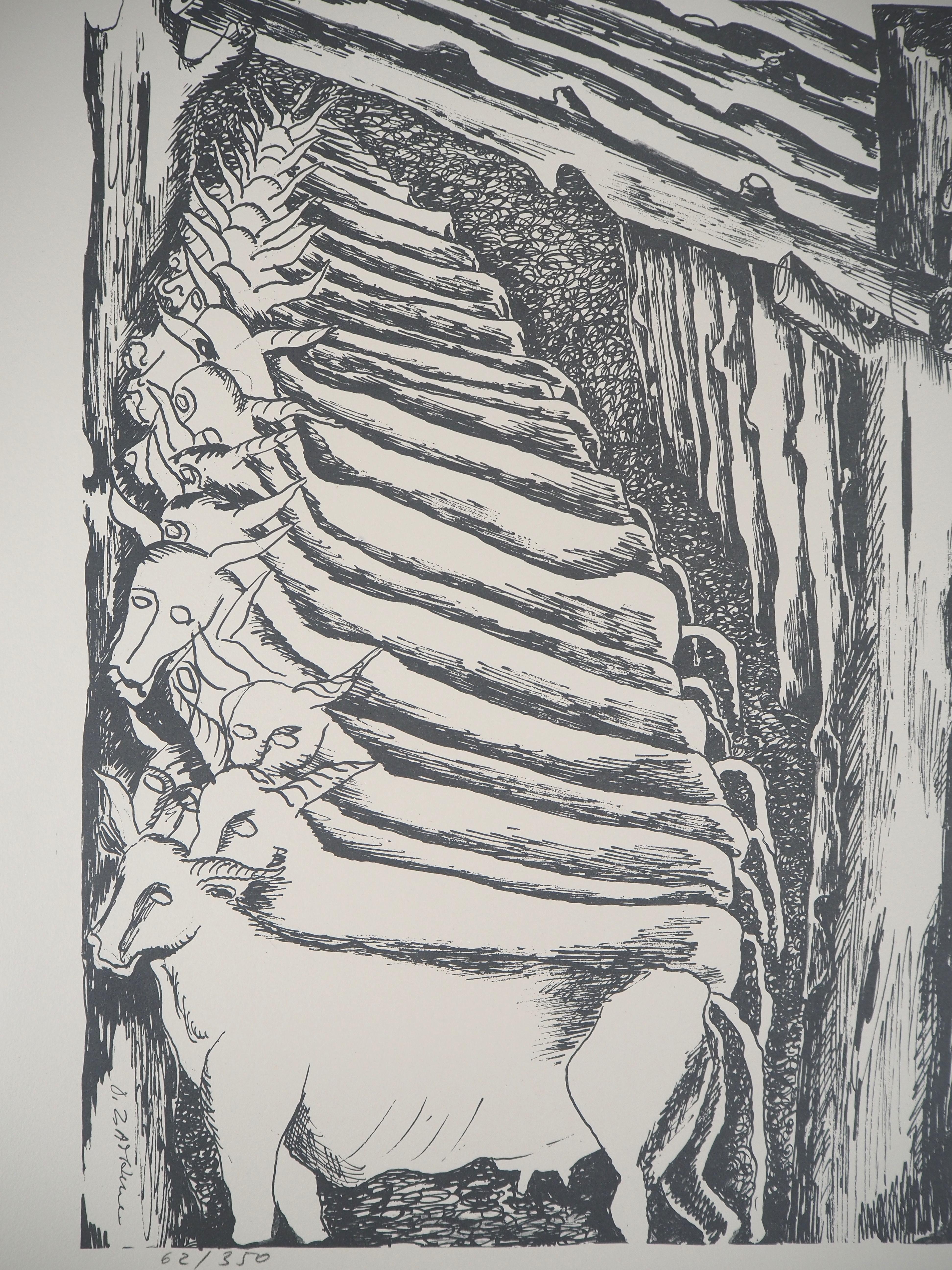 Mythology : Heracles and Stables - Original Lithograph Hand Signed & Numbered - Gray Figurative Print by Ossip Zadkine