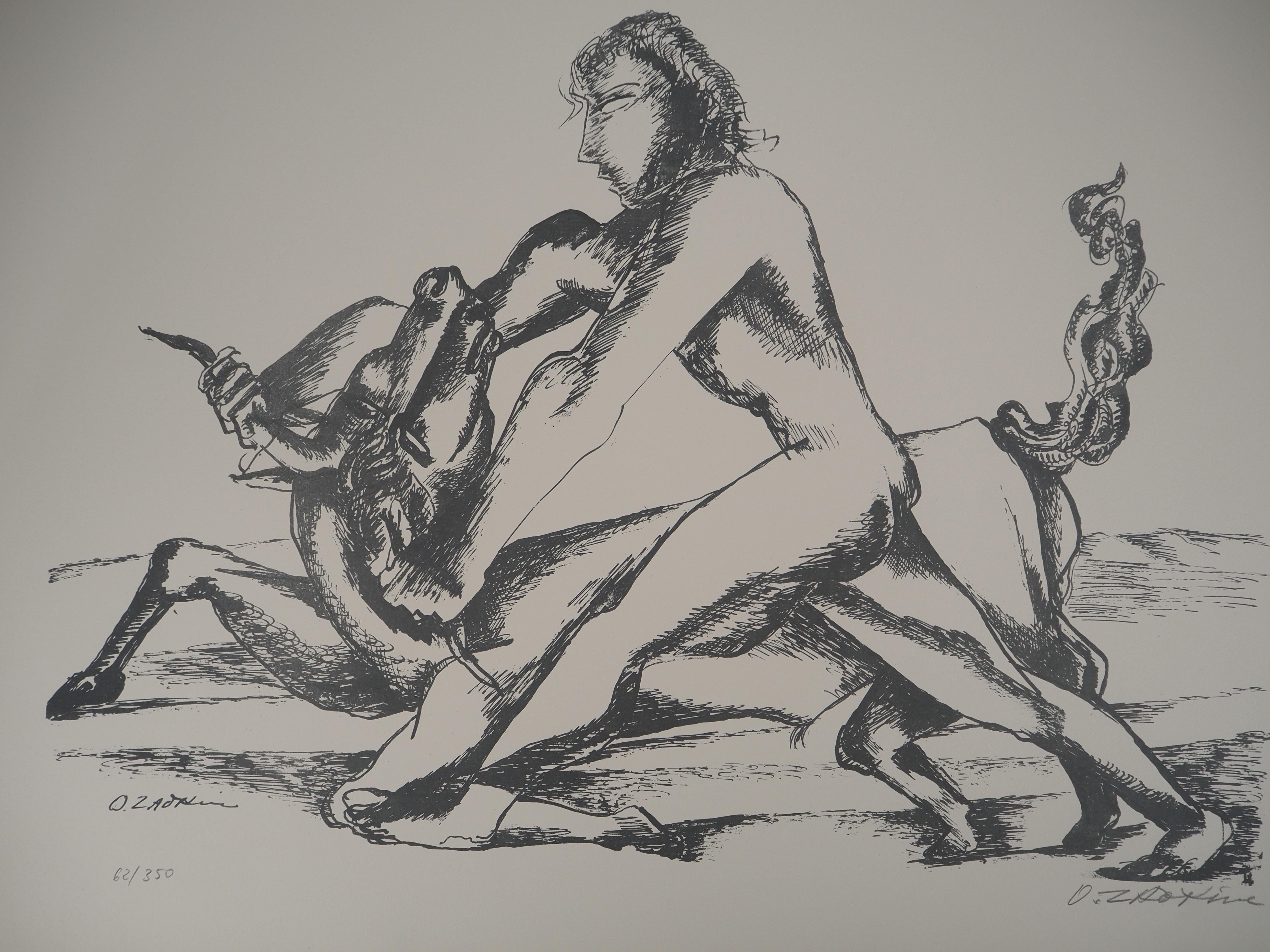 Mythology : Heracles and the Bull -Original Lithograph Hand Signed & Numbered - Modern Print by Ossip Zadkine