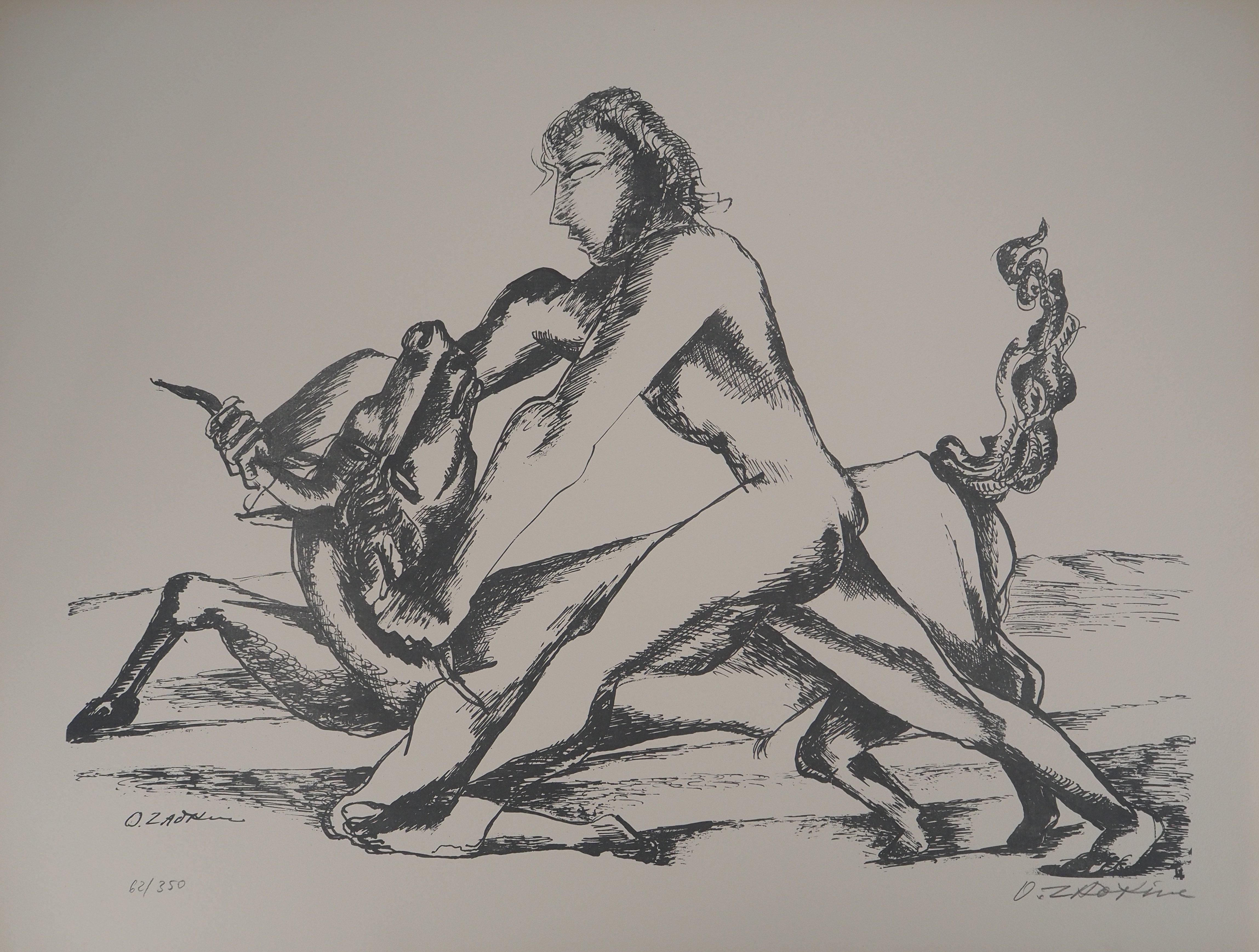 Ossip Zadkine Figurative Print - Mythology : Heracles and the Bull -Original Lithograph Hand Signed & Numbered