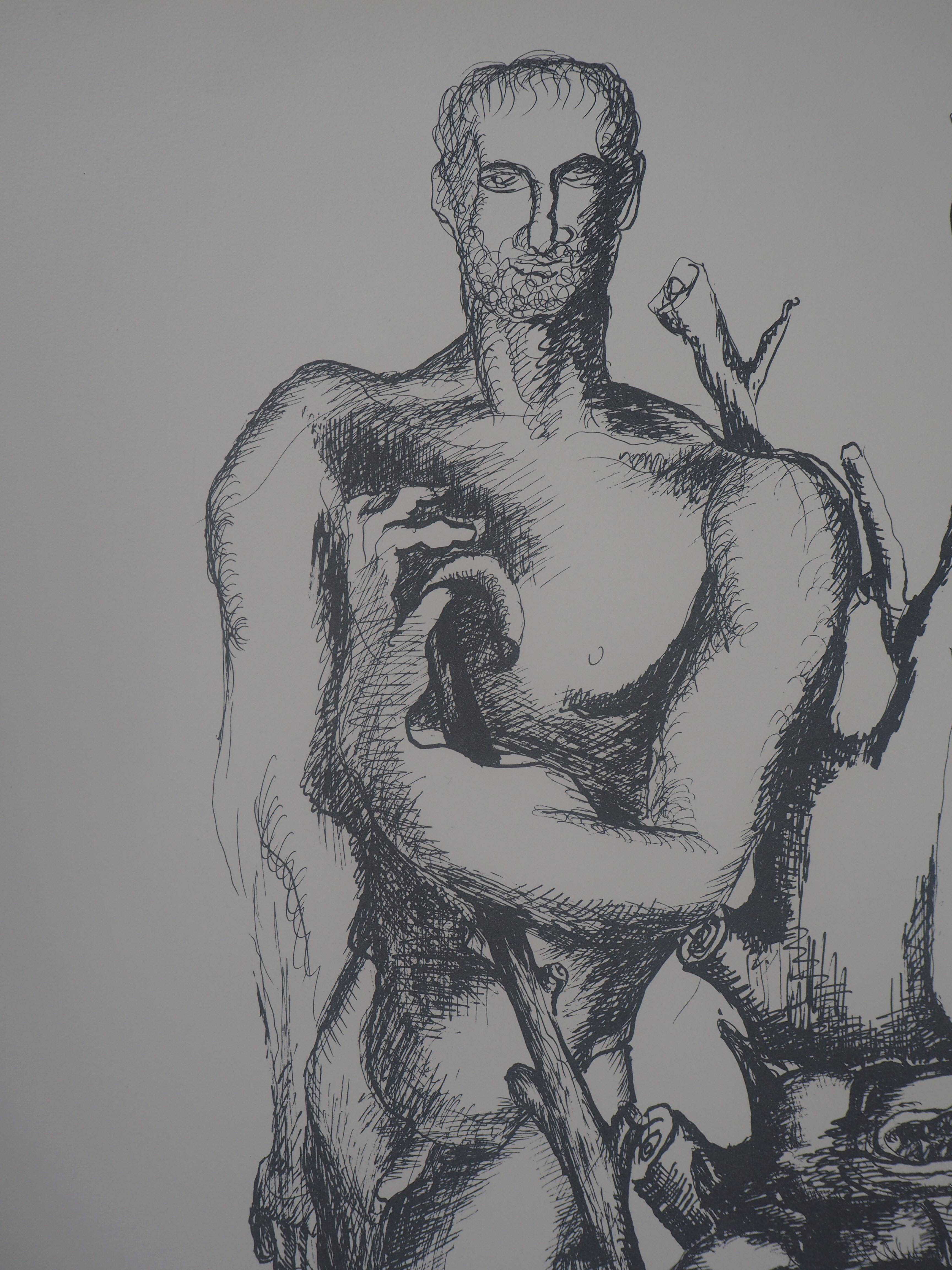 Mythology: Heracles and the Cerberus -Original Lithograph Hand Signed & Numbered - Gray Figurative Print by Ossip Zadkine