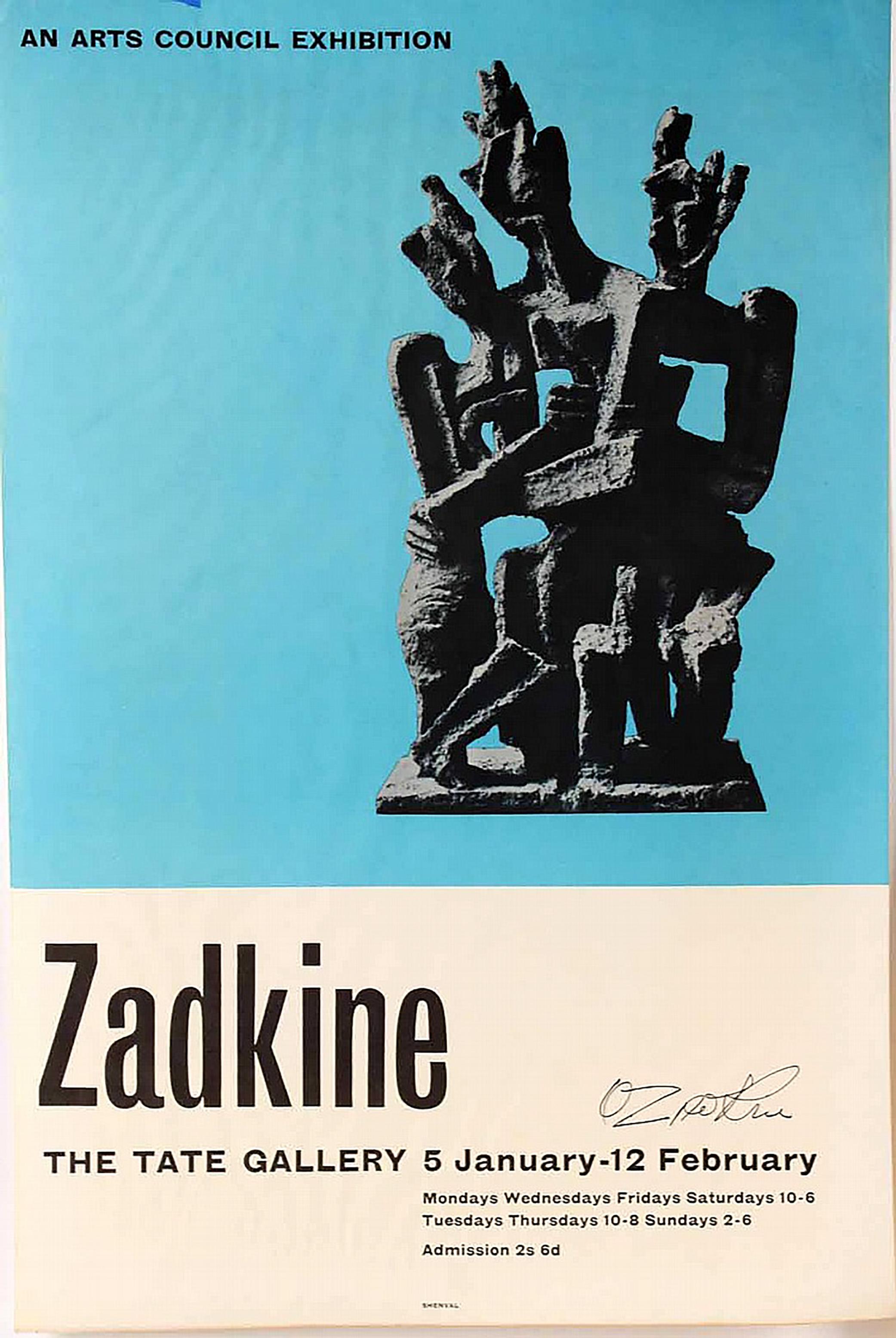 Ossip Zadkine
Tate Gallery Exhibition poster (hand signed by Ossip Zadkine), 1961
Off-set Lithograph Poster (Hand Signed by Ossip Zadkine)
Signed lower right front
30 × 20 inches
Unframed

This hand signed poster is of the Ossip Zadkine 5 January to