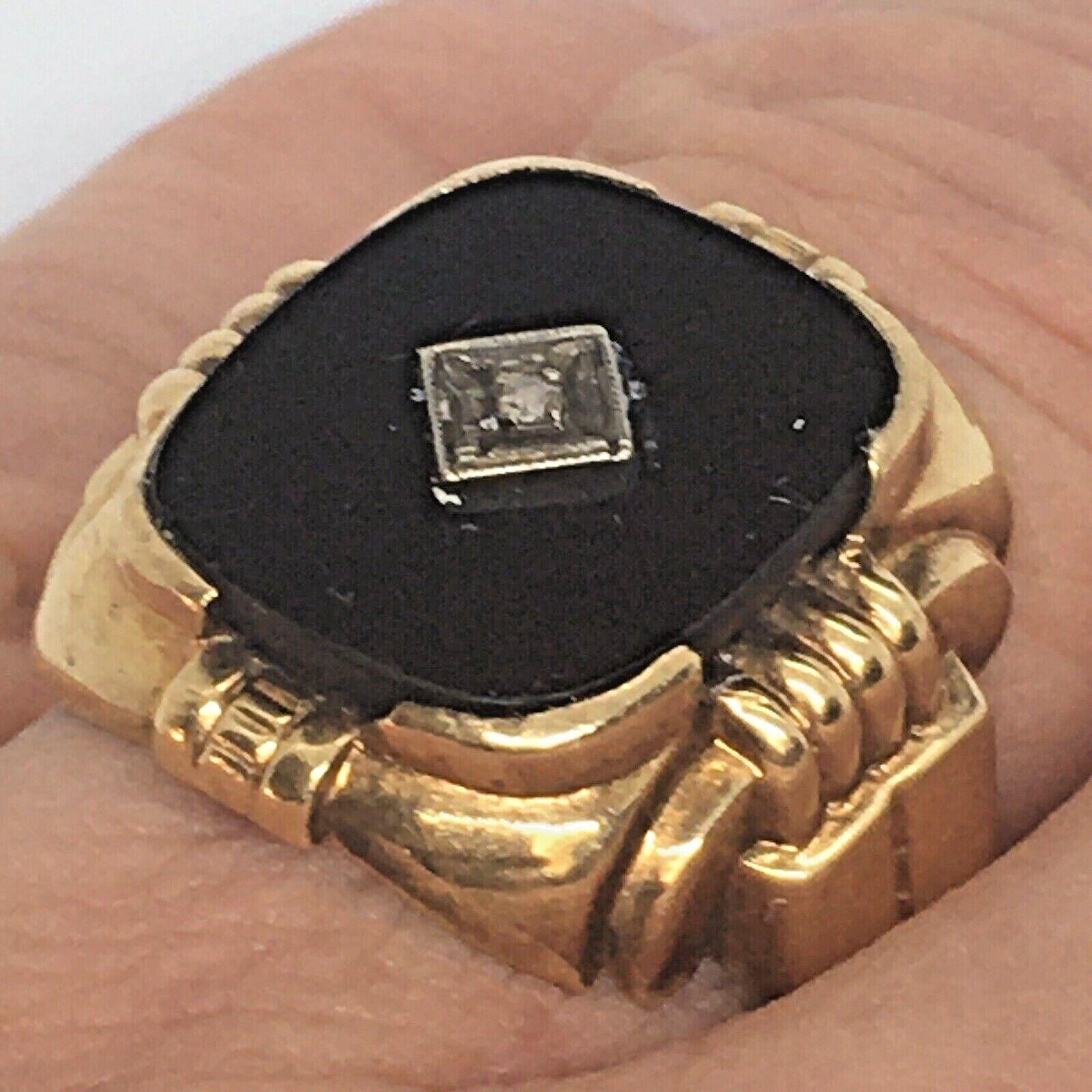 Round Cut Ostby Barton 10k Gold Onyx Diamond Ring Art Deco 1920s 6.6 Gram