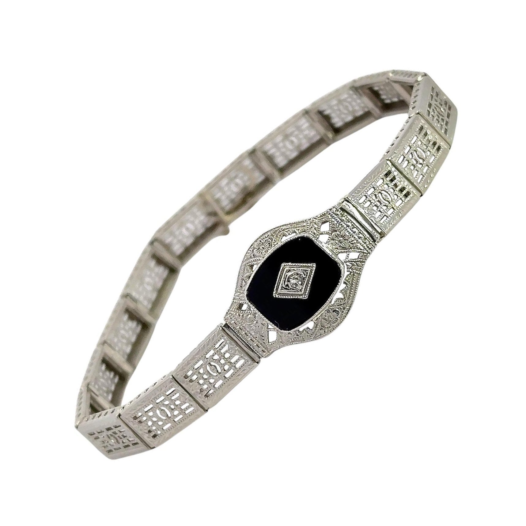 Ostby & Barton Onyx & Diamond 14KT White Gold Vintage Art Deco Bracelet