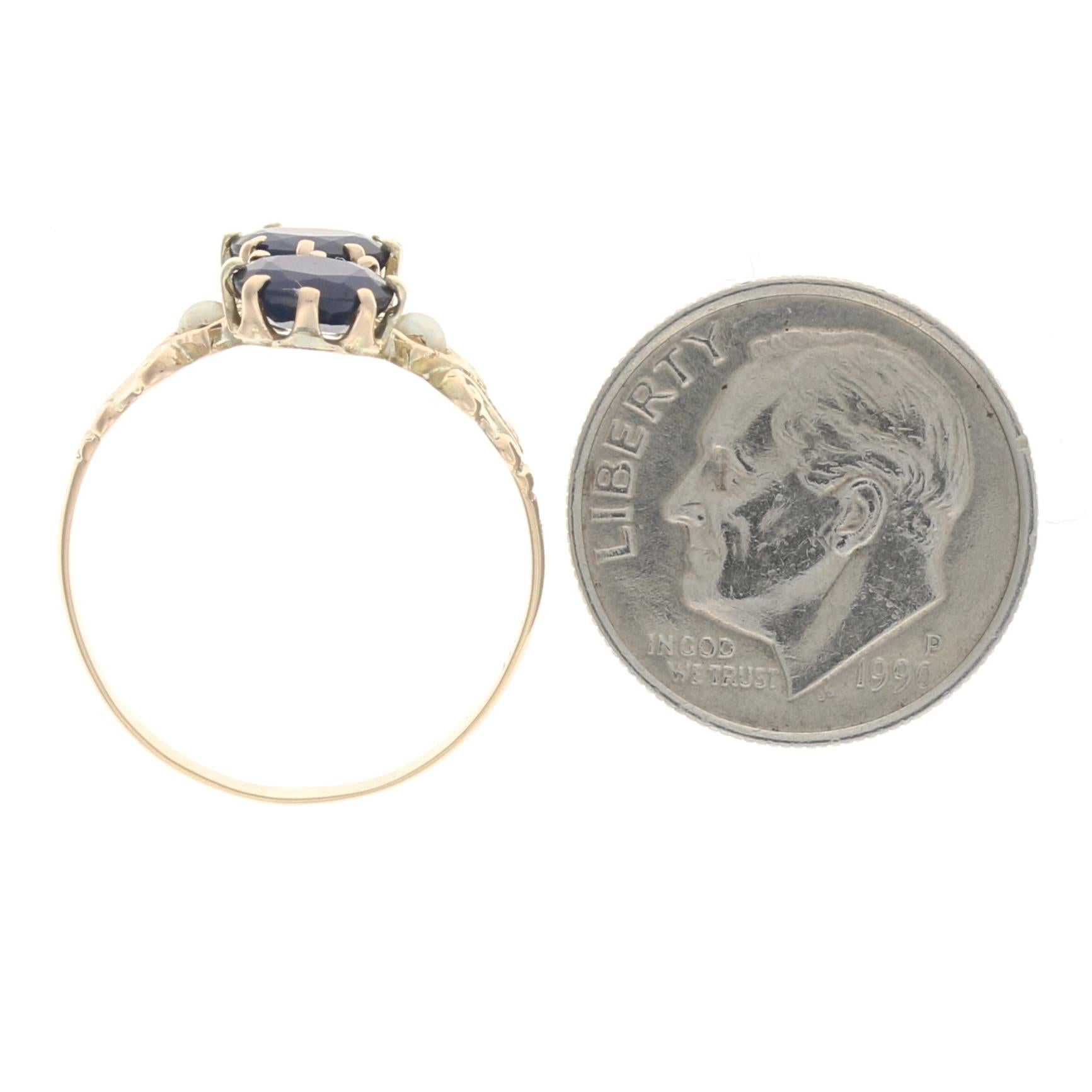 Women's or Men's Ostby & Barton Sapphire & Pearl Victorian Ring Yellow Gold, 10k 1.28ctw Antique