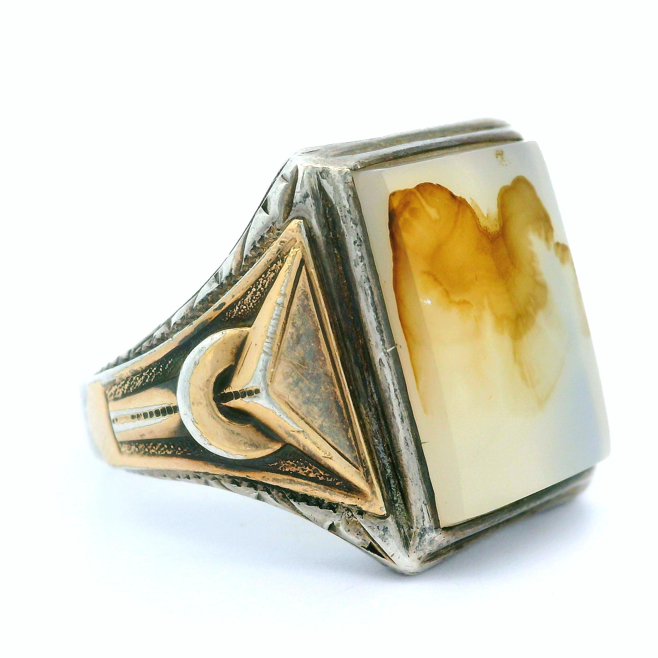 Emerald Cut Ostby Barton Sterling Silver Agate Geometric Shoulders Men's Ring