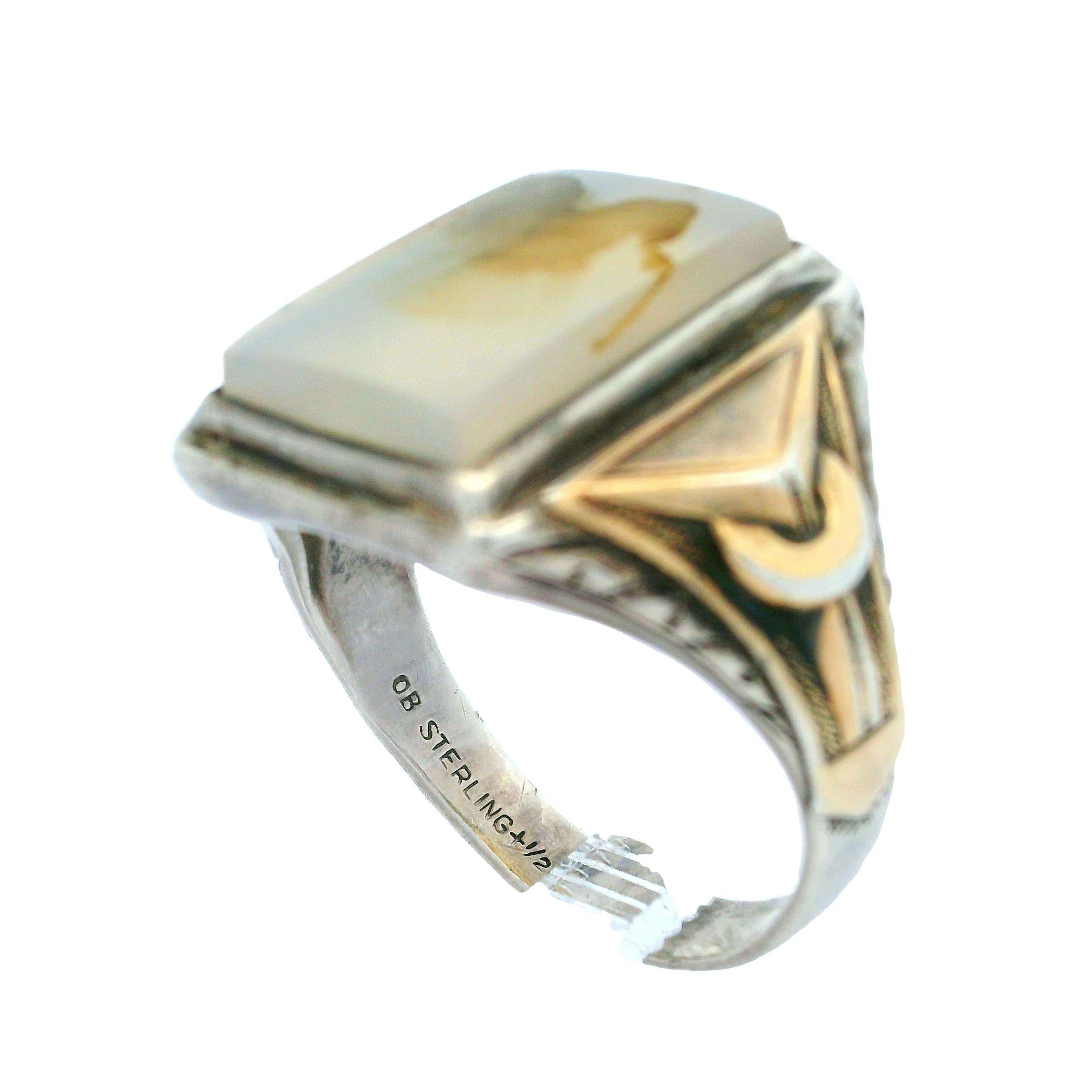 Ostby Barton Sterling Silver Agate Geometric Shoulders Men's Ring 1