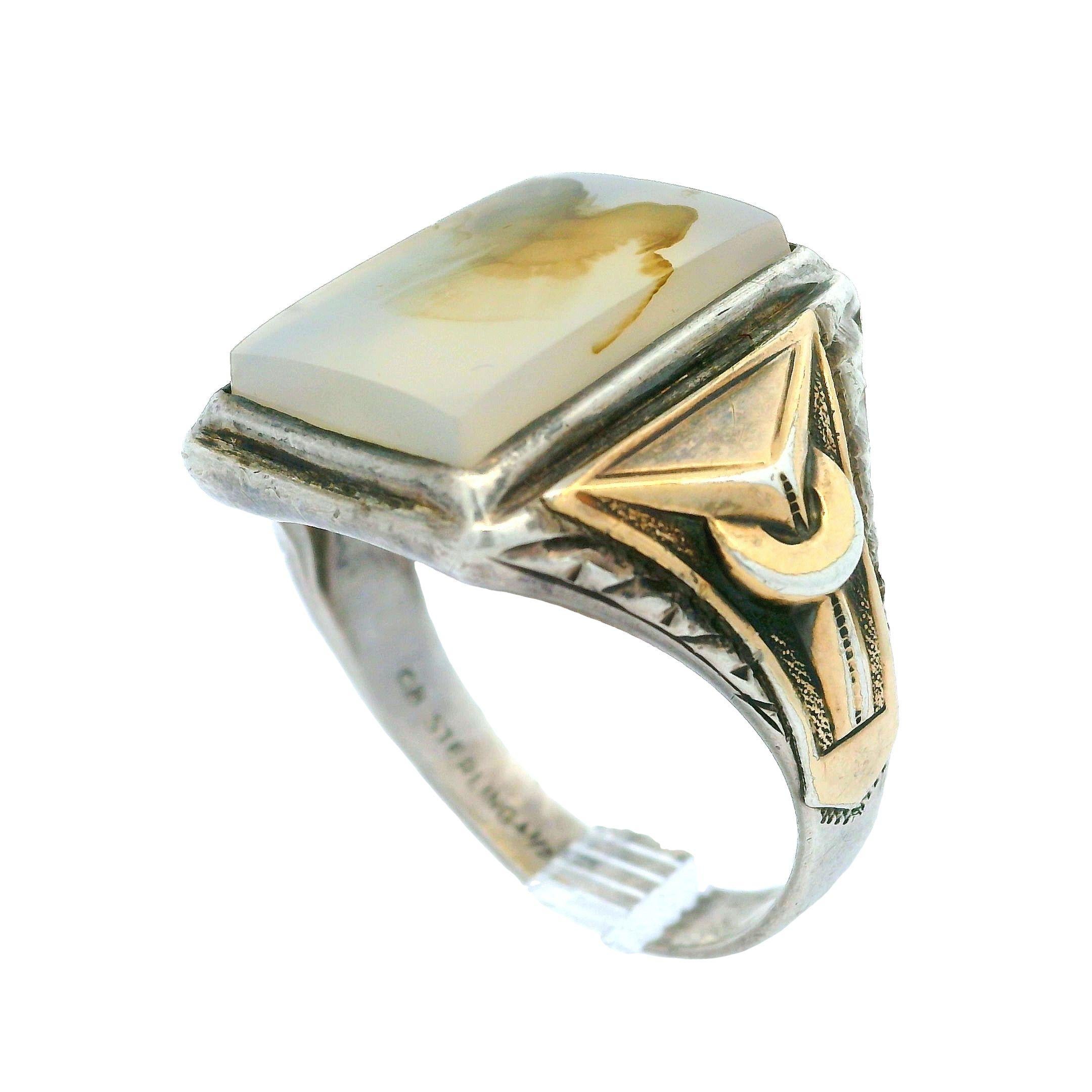 Ostby Barton Sterling Silver Agate Geometric Shoulders Men's Ring 2