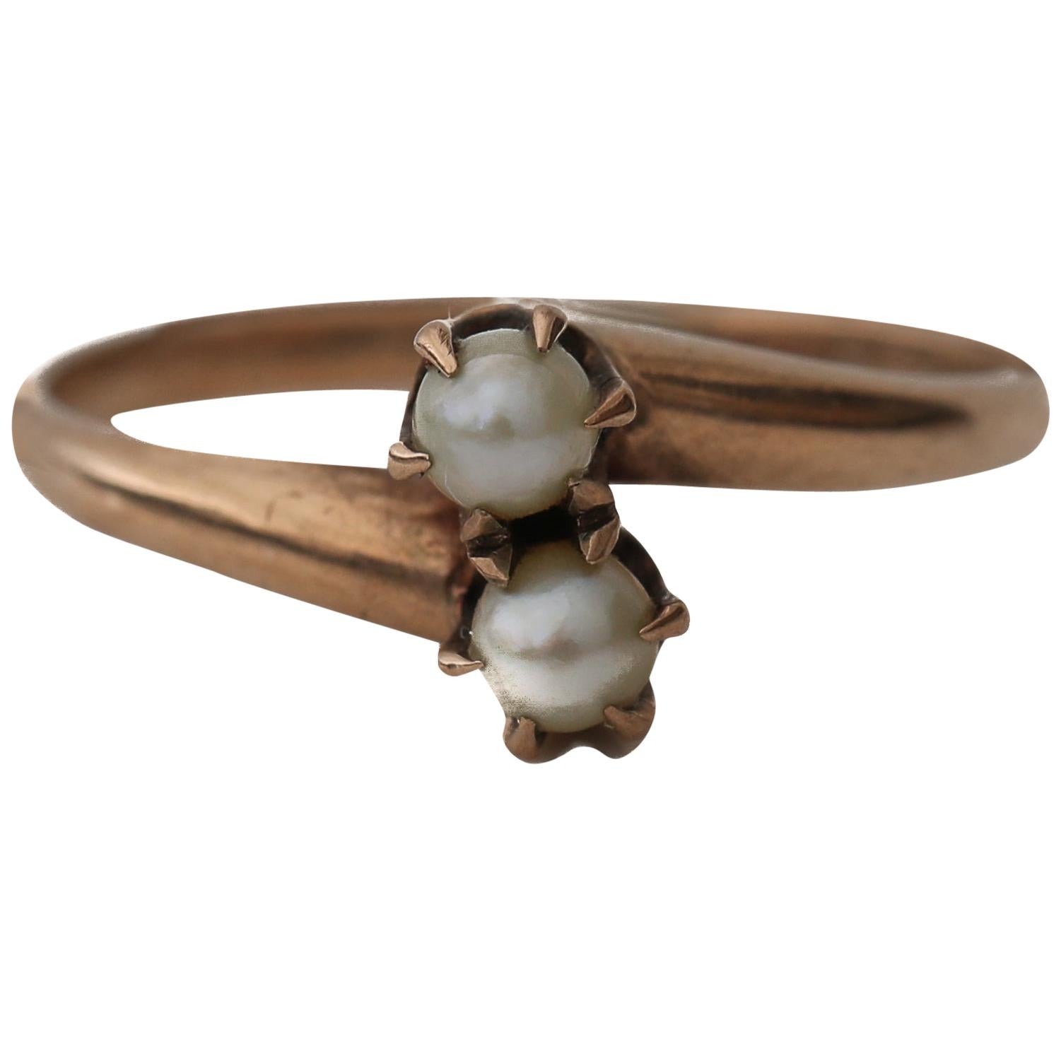 Ostby Barton Victorian Pearl Bypass Style Ring Yellow Gold Seed Pearls