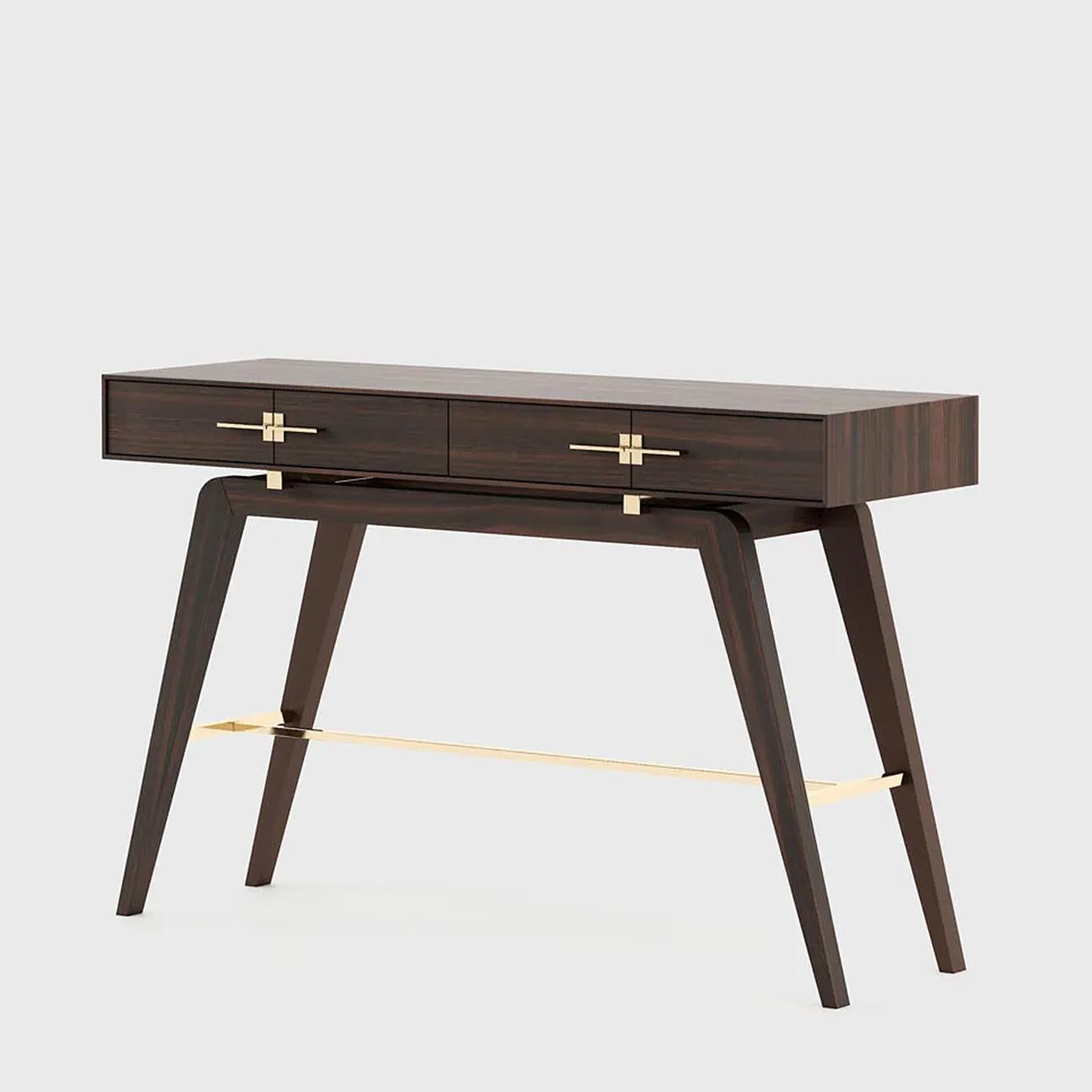 Console table Ostel with top all in matte smocked eucalyptus in matte finish, 
including 2 drawers with easy glide system. handles and Base reinforcement 
in polished stainless steel in gold finish.
Also available in glossy ebony, or matte oak