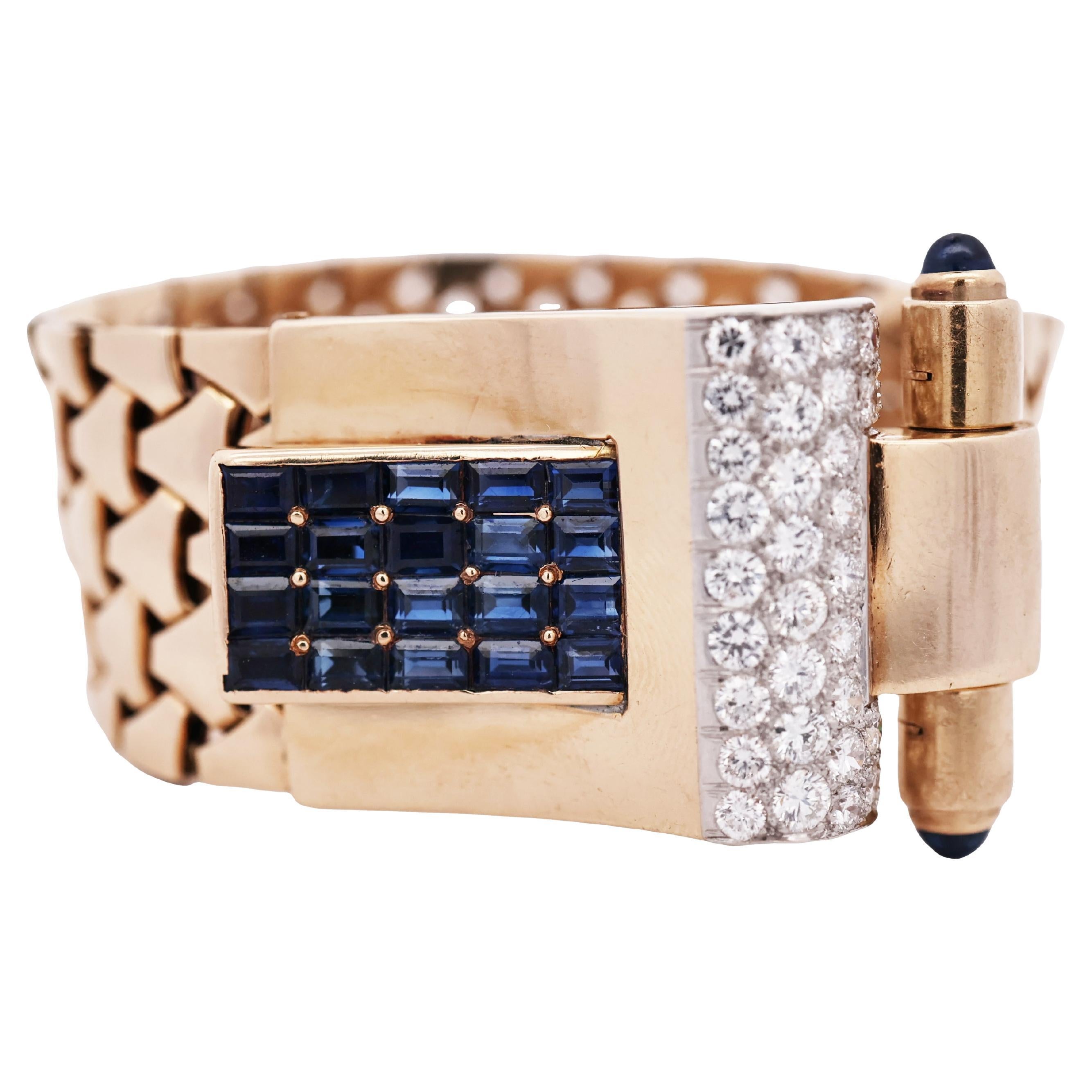 Pulsera Ostertag de oro de 18 quilates con eslabones de zafiro y diamantes, de alrededor de la década de 1940, Francia en venta