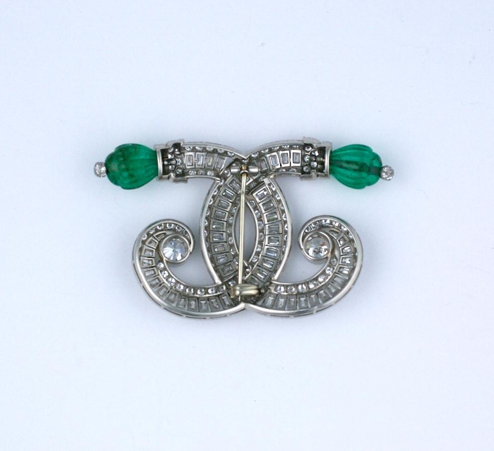 Baguette Cut Ostertag Art Deco Emerald and Diamond Brooch For Sale