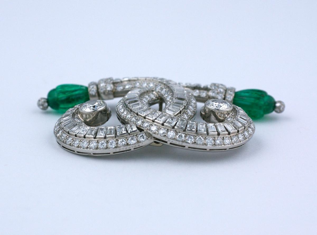 Women's or Men's Ostertag Art Deco Emerald and Diamond Brooch For Sale