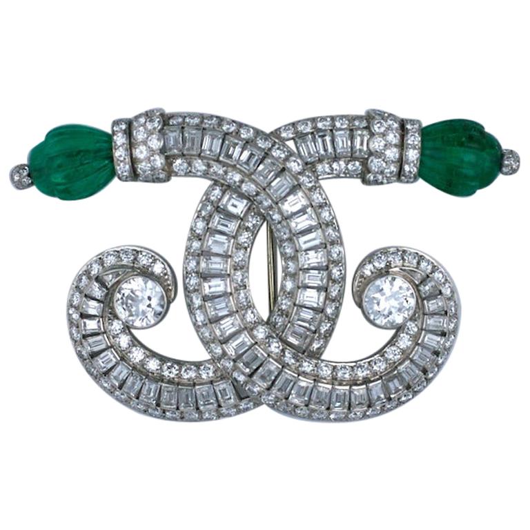 Ostertag Art Deco Emerald and Diamond Brooch For Sale