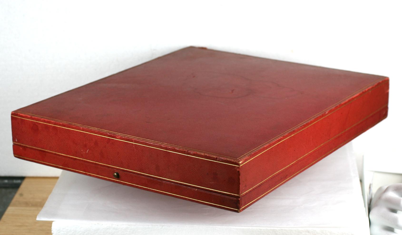 Beautirul fitted red leather box with gold detailing by Arnold Ostertag, Paris , 16 Place Vendome made for a custom picture frame. Lined in satin and velvet. Great for presentation. 
Box alone. No frame. 
12.5