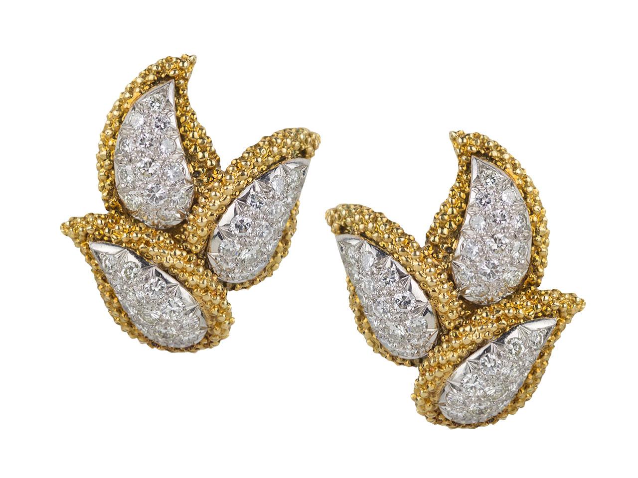 18k gold and diamond Earclips by Marianne Ostier. Bottom leaf is detachable. Signed M O. 18k