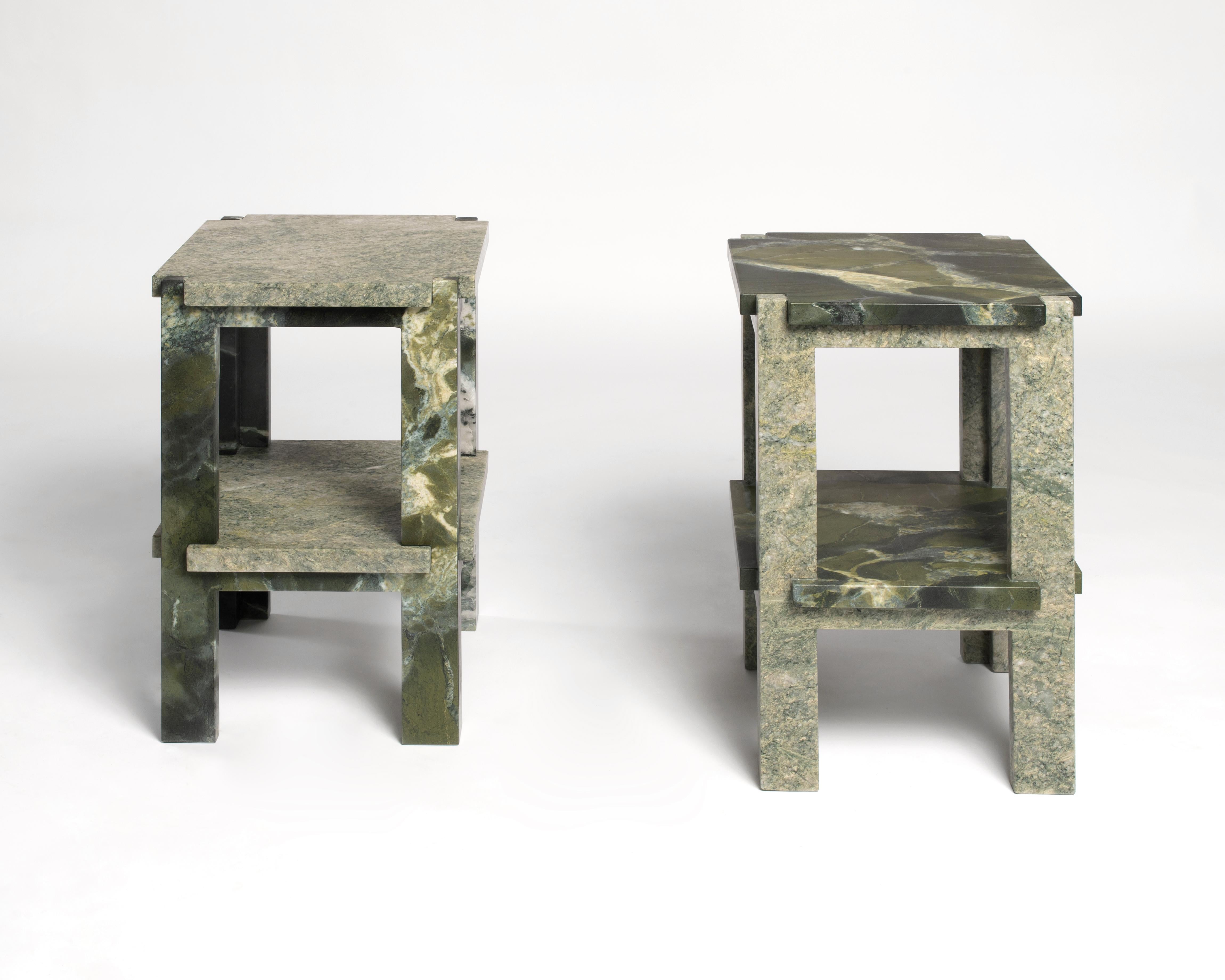 The Ostomachion Occasional Tables combine two different types of stone in unexpected harmony. Their interlocking parts are defined by inversion, alternating both shelf joints and typology. Each individual element of the tables is integral to their