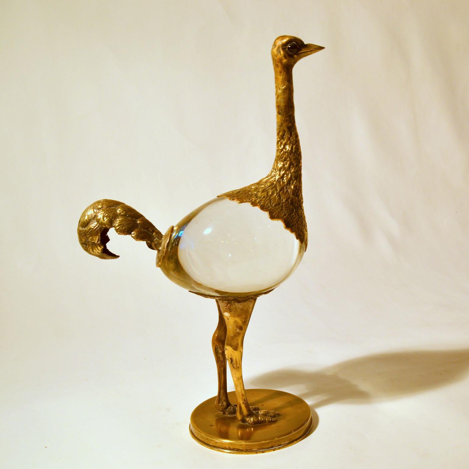 Ostrich bird sculpture in brass and Murano blown glass encased on brass Stand, signed by Franco Lagini, 1970, made in Italy.