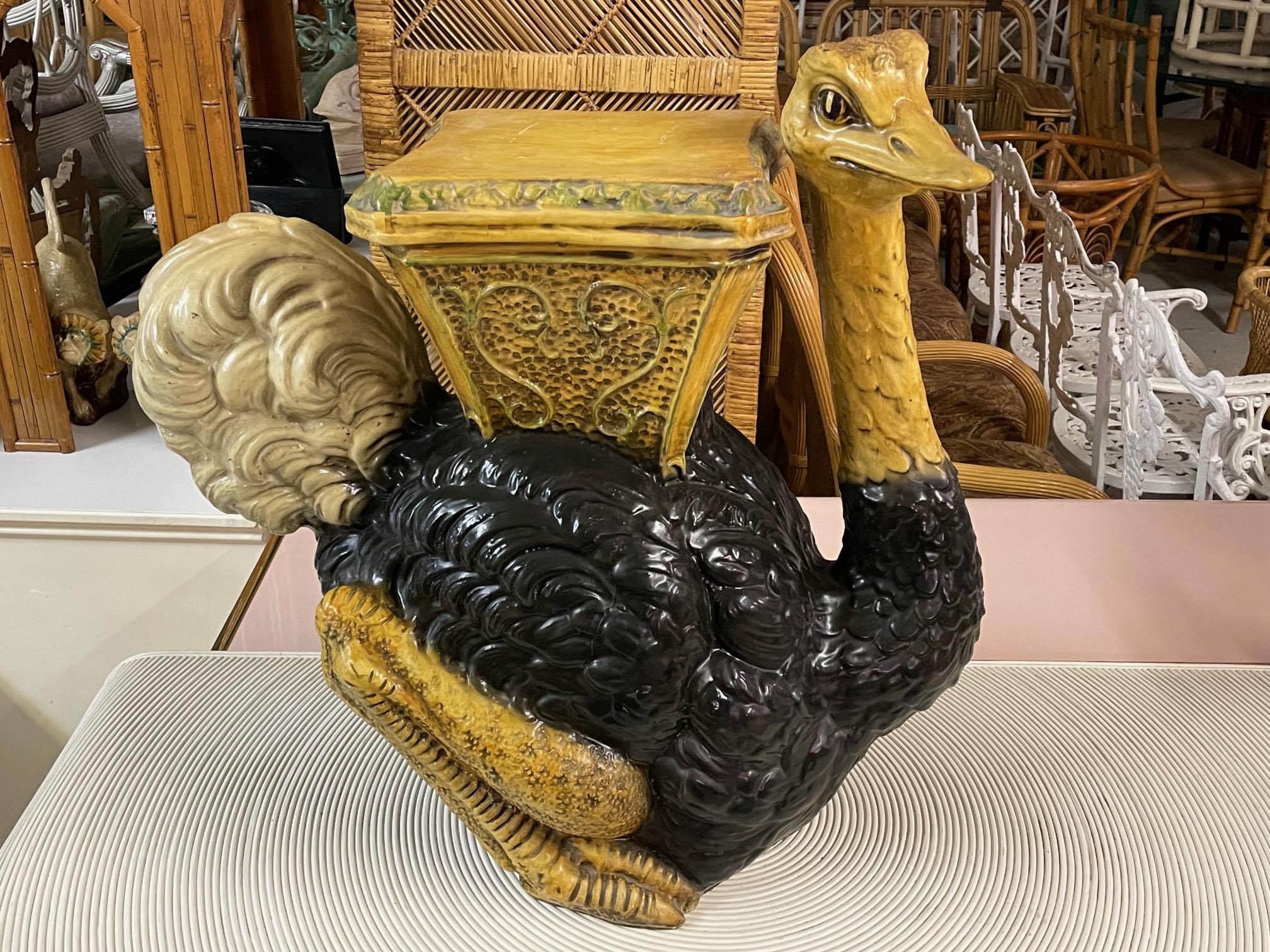 Rare large carved ostrich garden seat features vibrant black finish and stands over 25 inches tall. Very good vintage condition with minor crazing on back side and very minor imperfections consistent with age (see photos). We believe the material to