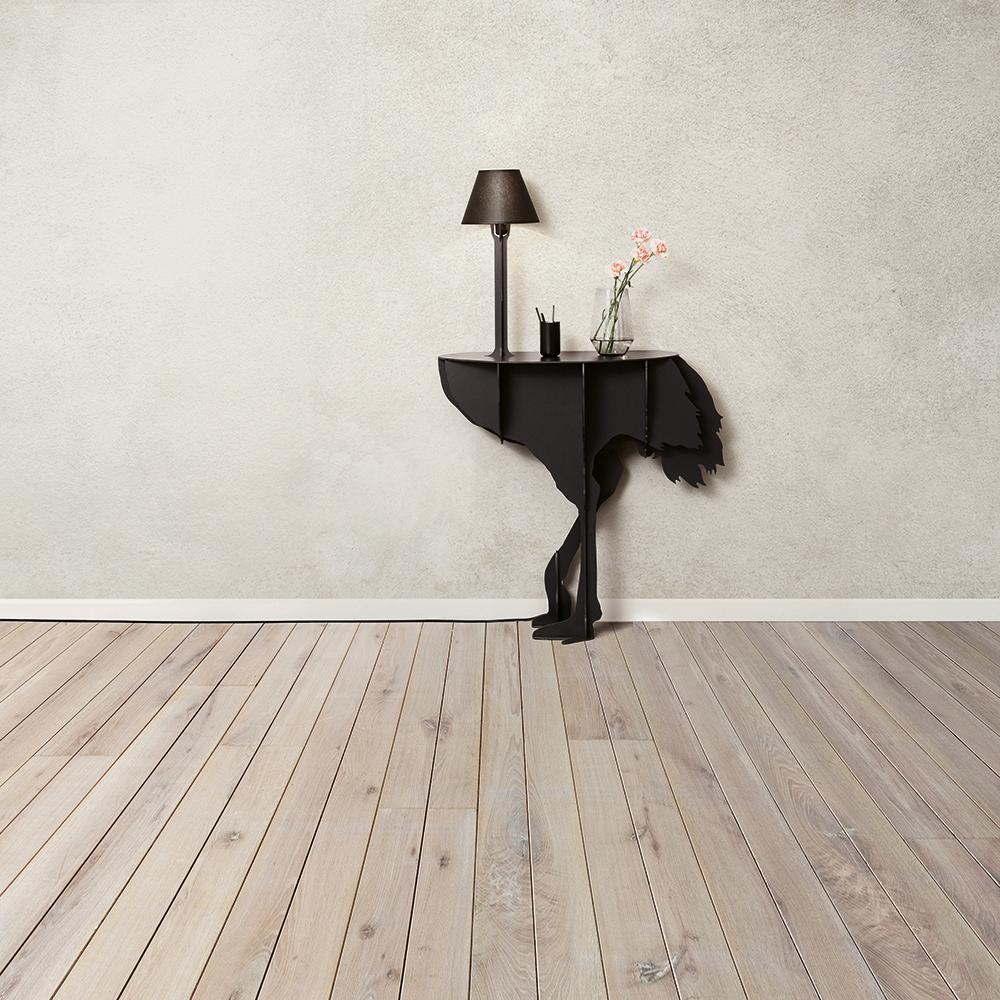 Diva Lucia, the aerial ostrich, seems ready to spread her wings in a daring dance, defying the laws of gravity with feet that only seem to skim the ground.

Intended to be fixed against a wall, the elegant and practical console surprises with its
