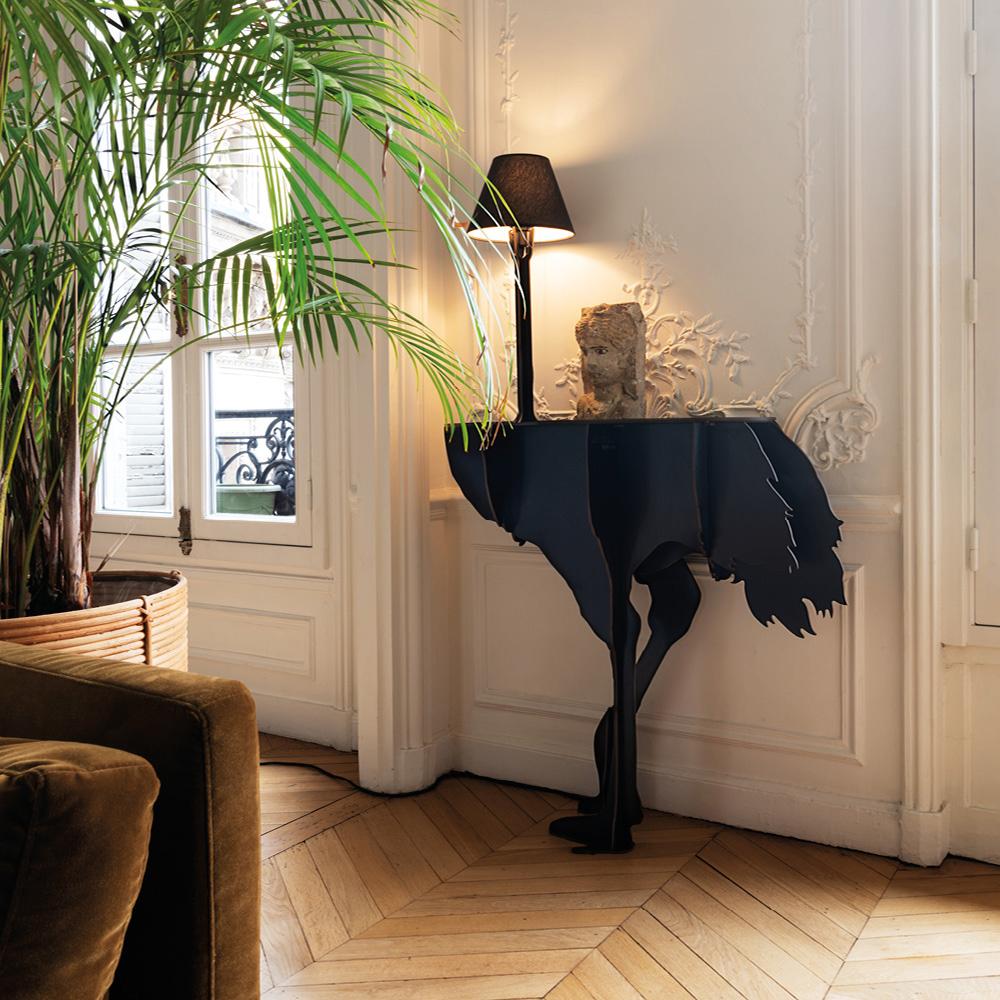 French Ostrich console with light - Black DIVA LUCIA For Sale