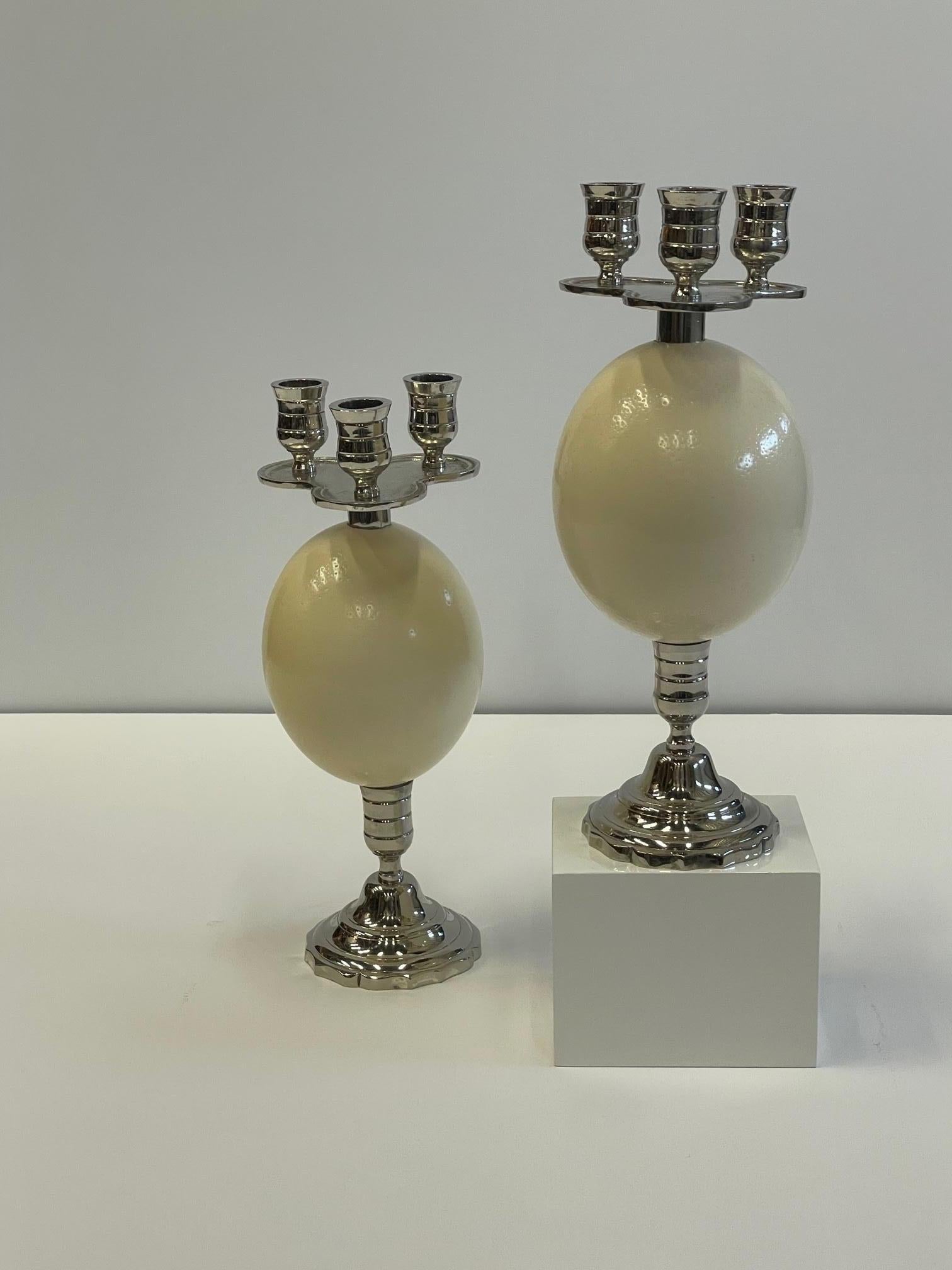Late 20th Century Ostrich Egg and Silver Plate Candlesticks Anthony Redmill