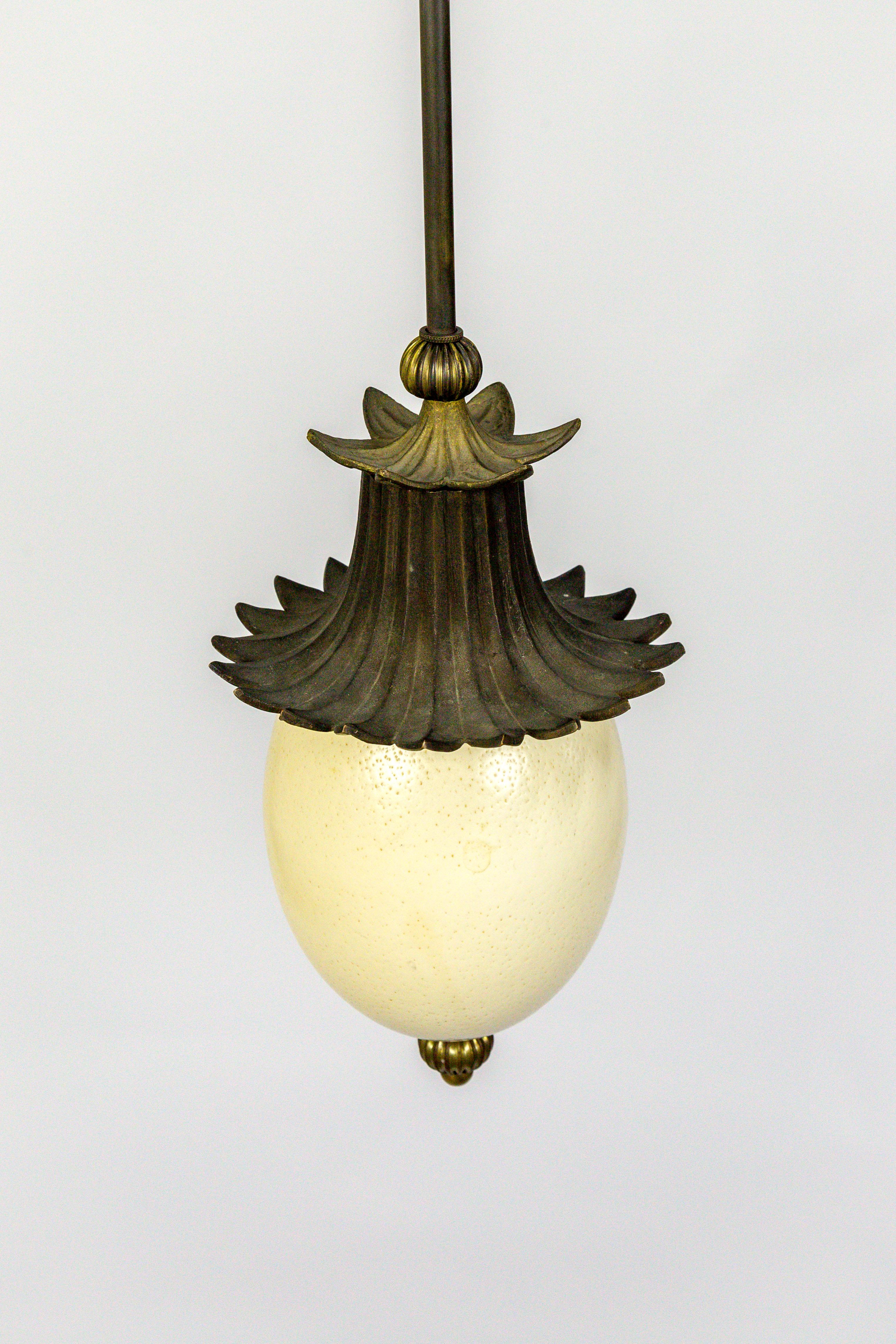 Contemporary Ostrich Egg and Antique Brass Pagoda Pendant