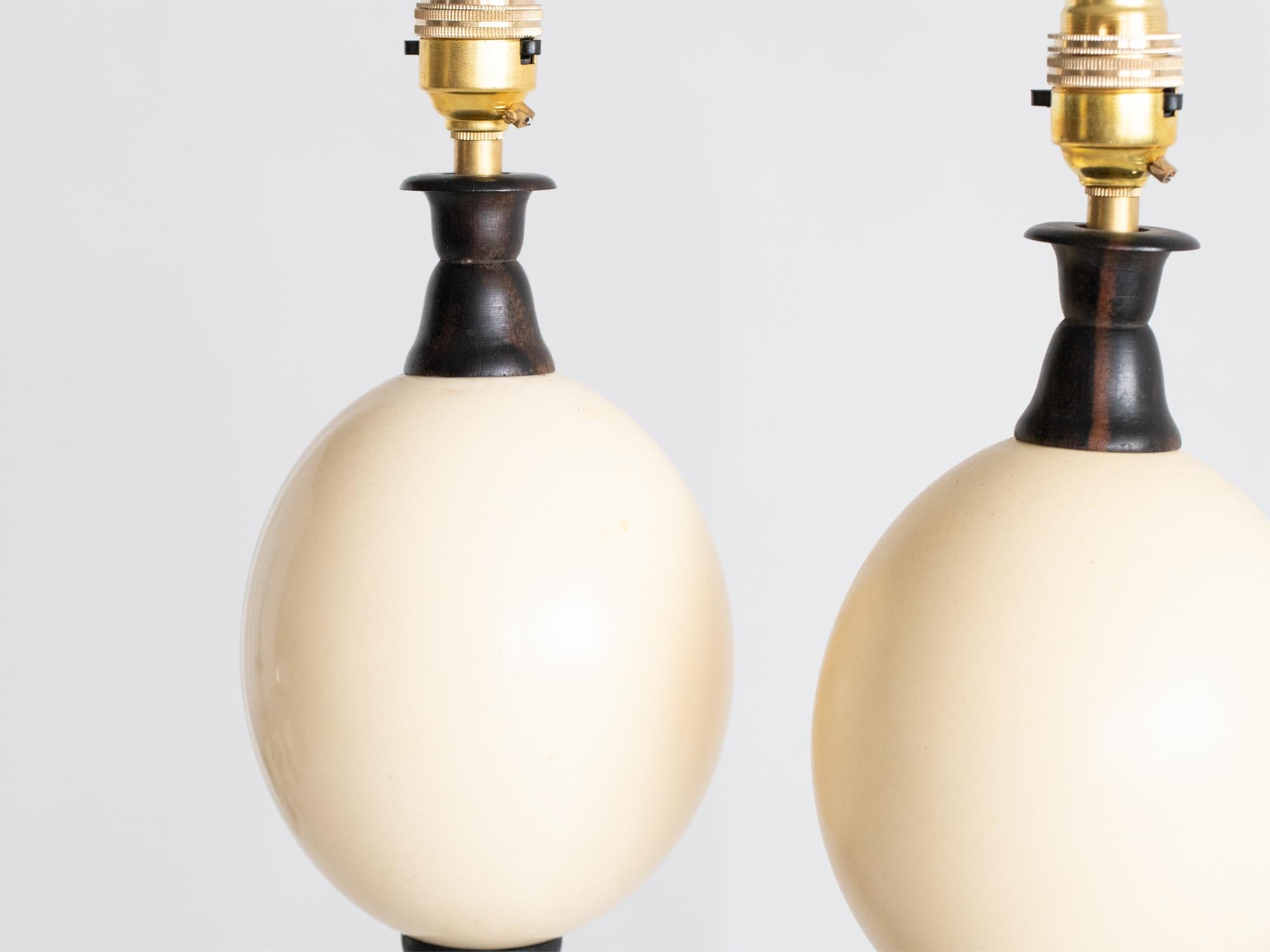 French Ostrich Egg & Ebonised Wood Table Lamps