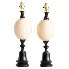 Antique Ostrich Egg & Ebonised Wood Table Lamps