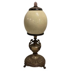 Antique Ostrich Egg on Brass Stand with Rose Quartz Finial