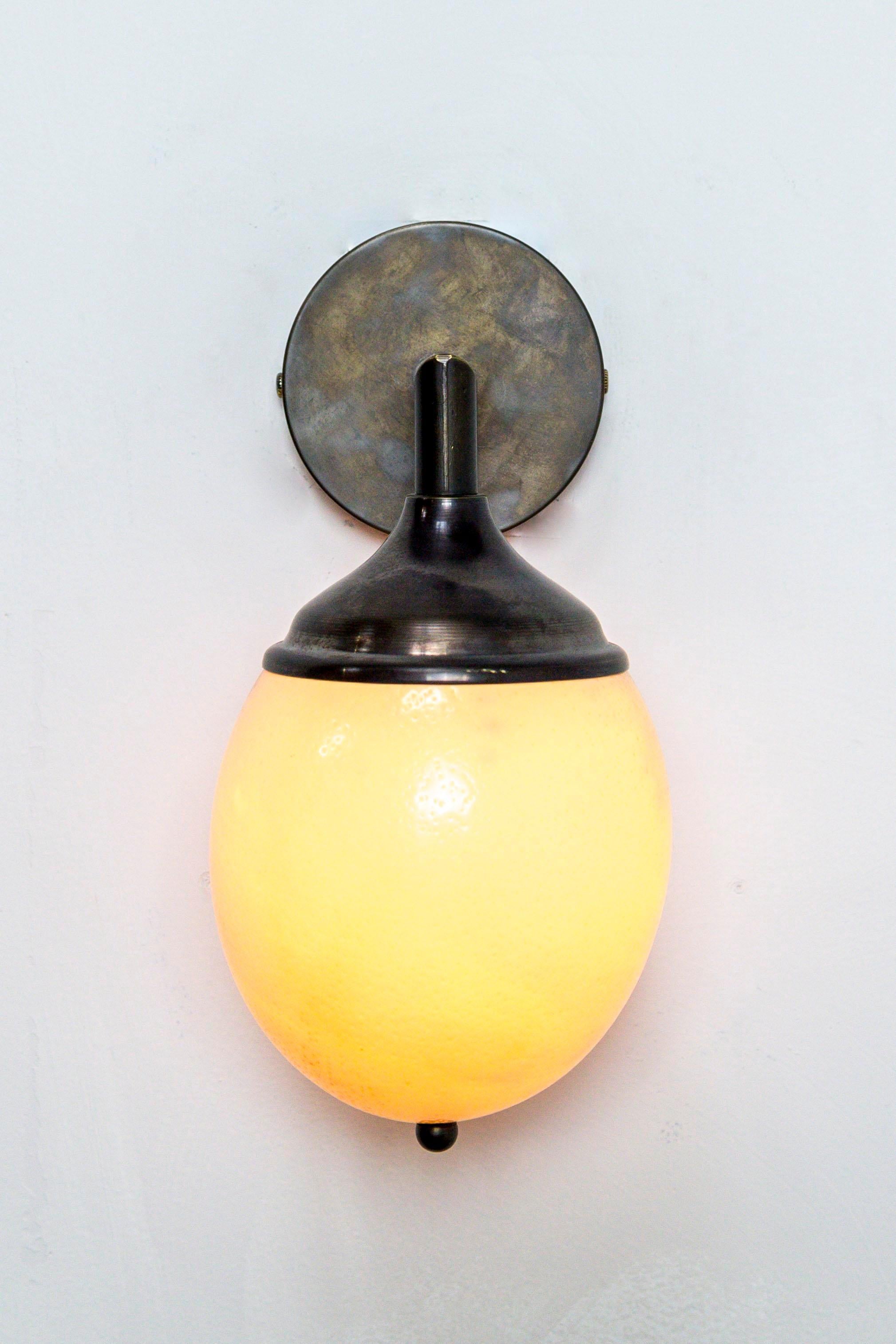 Organic Modern Ostrich Egg Shell & Cast Brass Arm Sconce For Sale