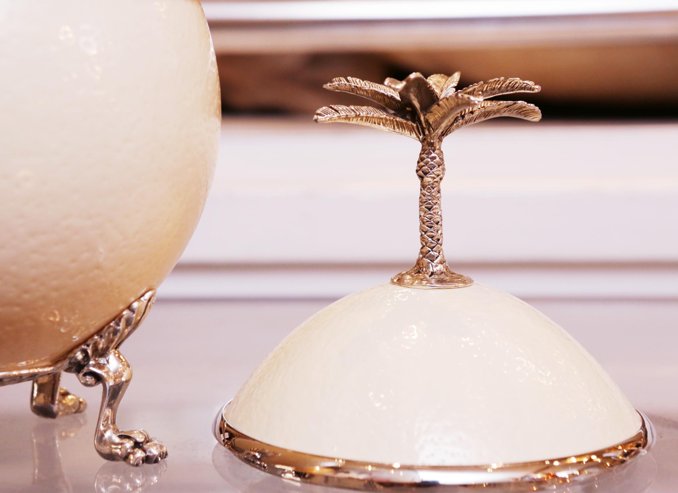 Hand-Crafted Ostrich Egg with Palm Tree Box