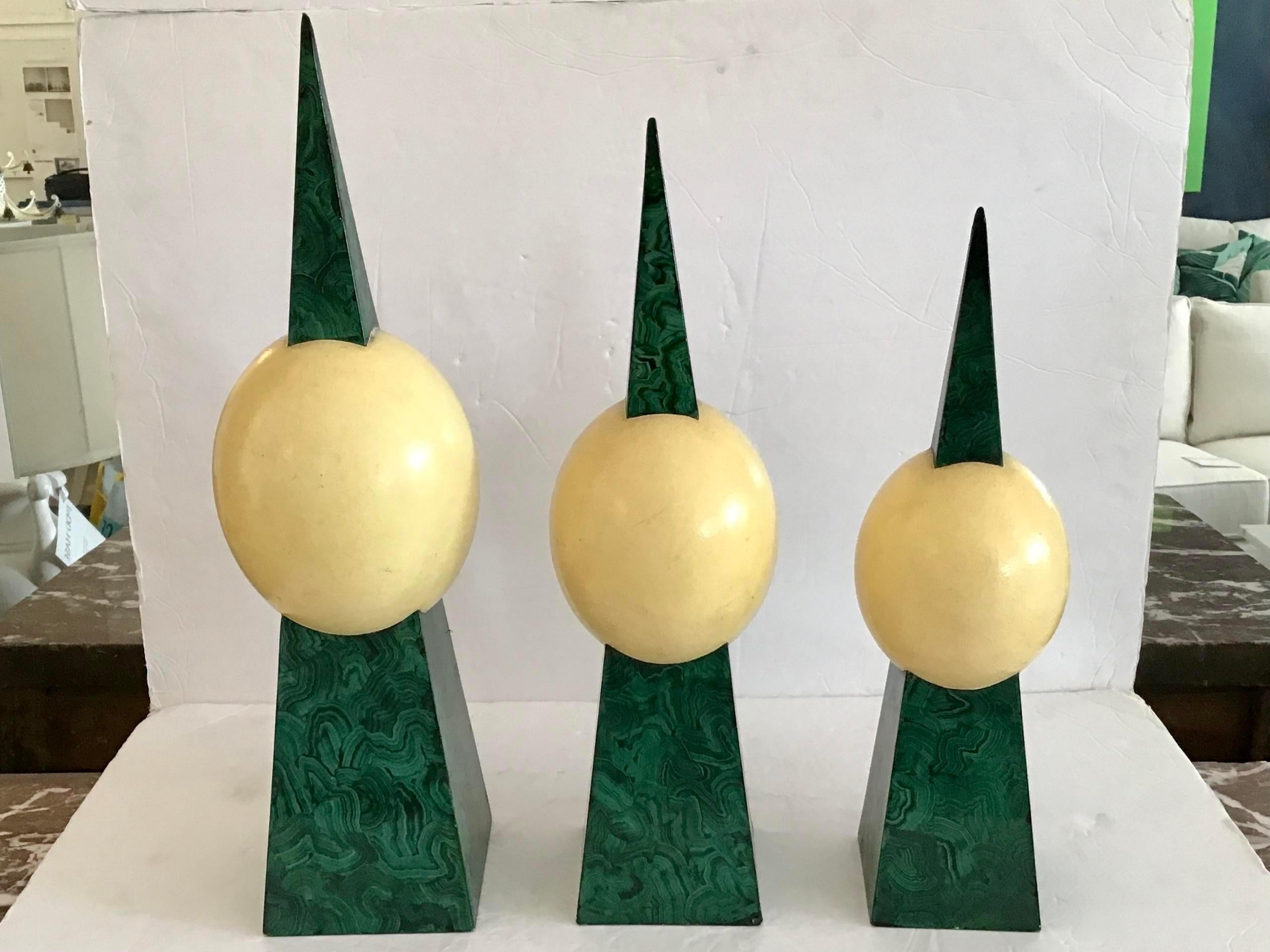 Modern Ostrich Eggs and Faux Malachite Stands, Set of 3