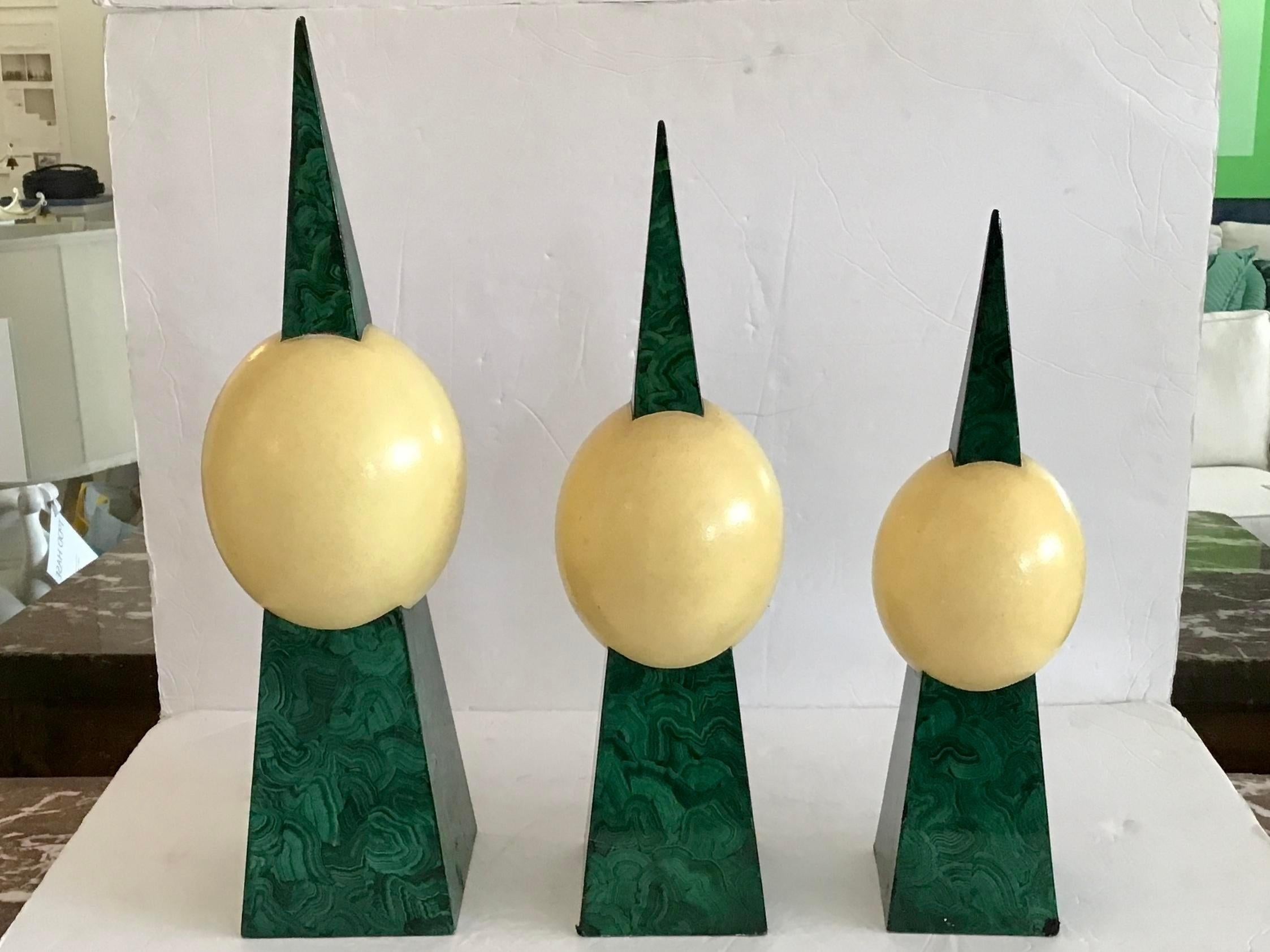 Ostrich Eggs and Faux Malachite Stands, Set of 3 In Good Condition In Los Angeles, CA