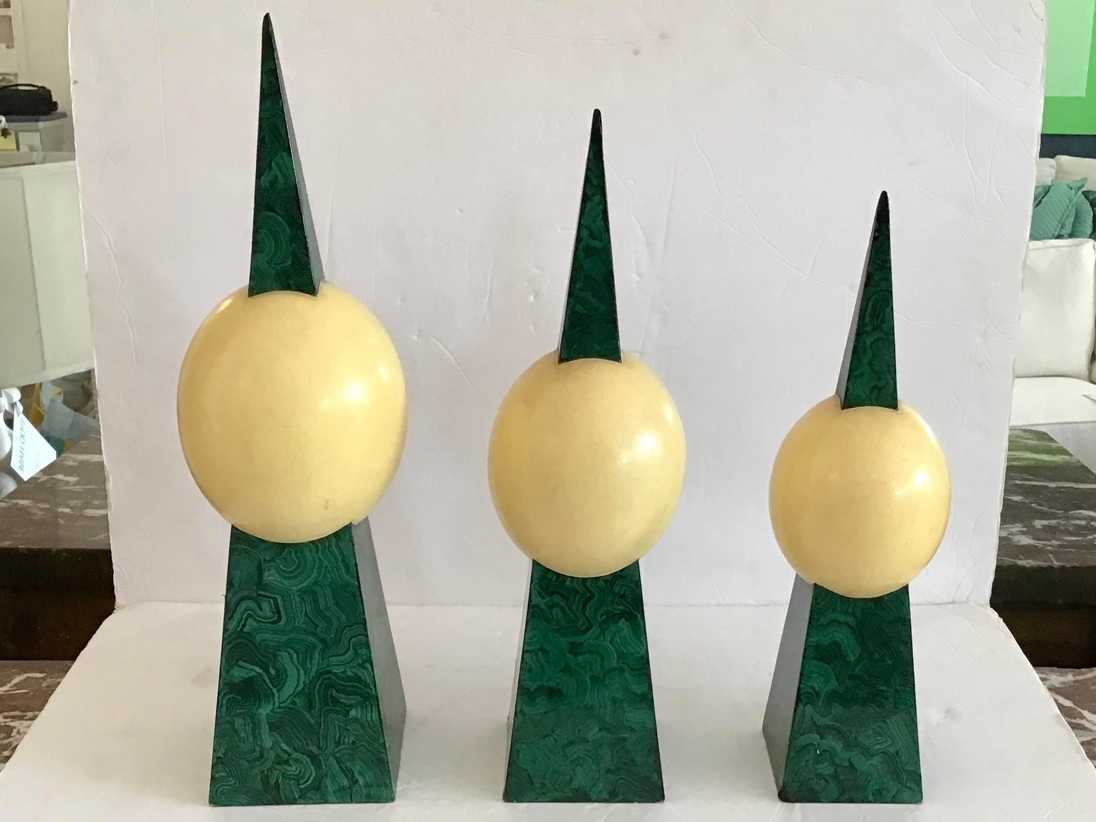 Mid-20th Century Ostrich Eggs and Faux Malachite Stands, Set of 3