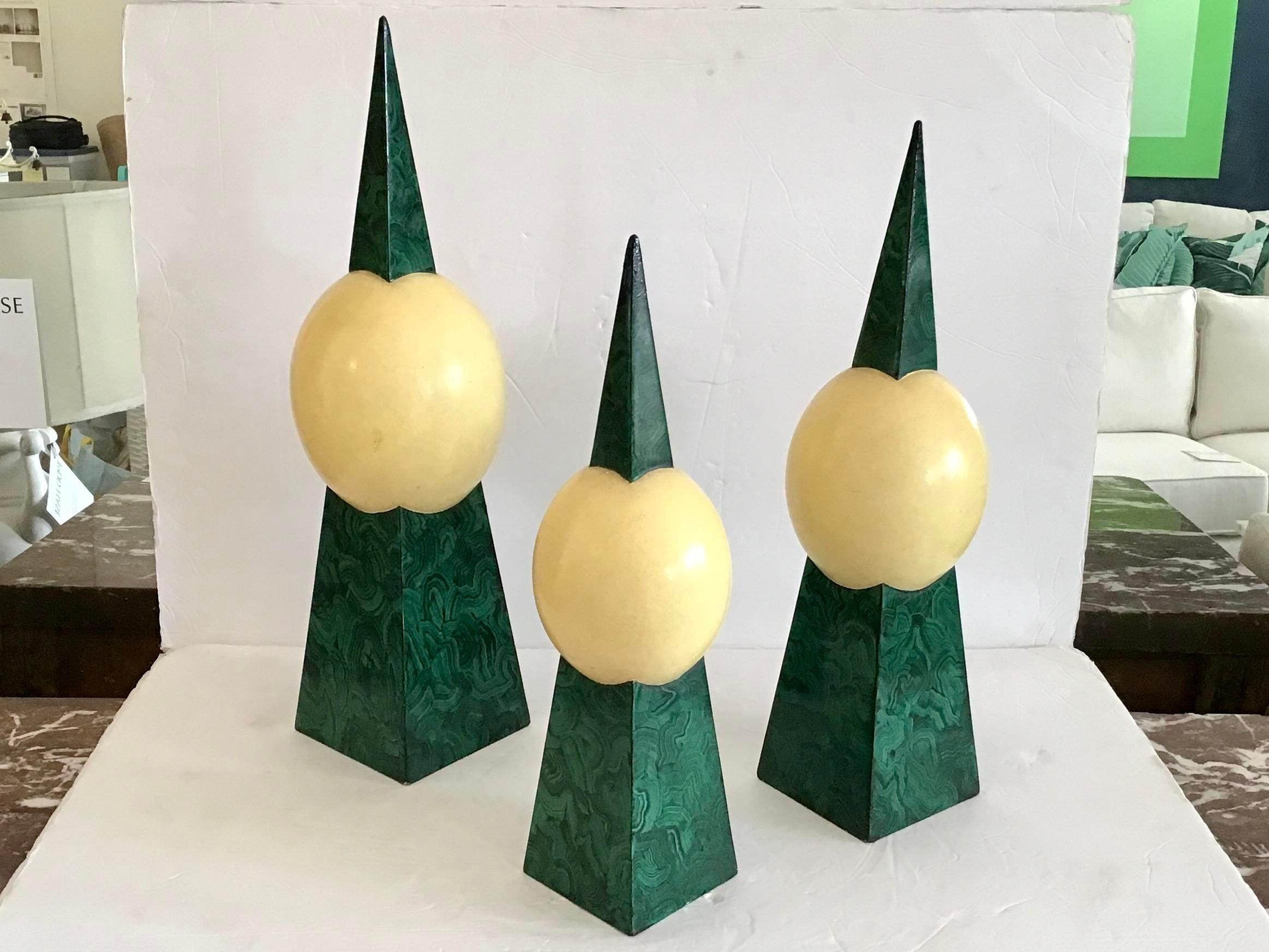 Ostrich Eggs and Faux Malachite Stands, Set of 3 1