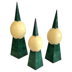 Ostrich Eggs and Faux Malachite Stands, Set of 3