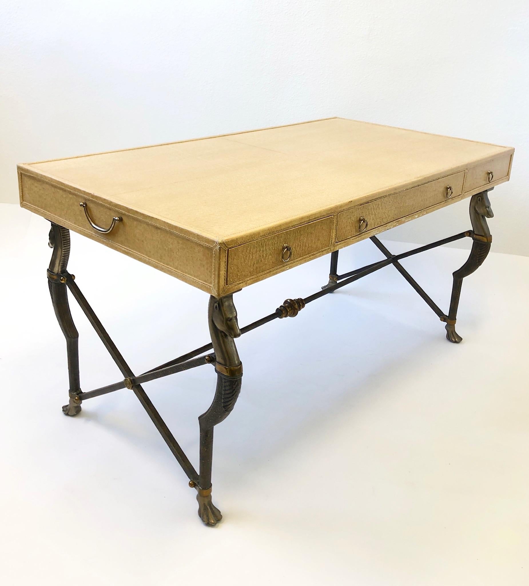 Ostrich Embossed Leather with Brass and Aluminum Campaign Desk by Marge Carson 7