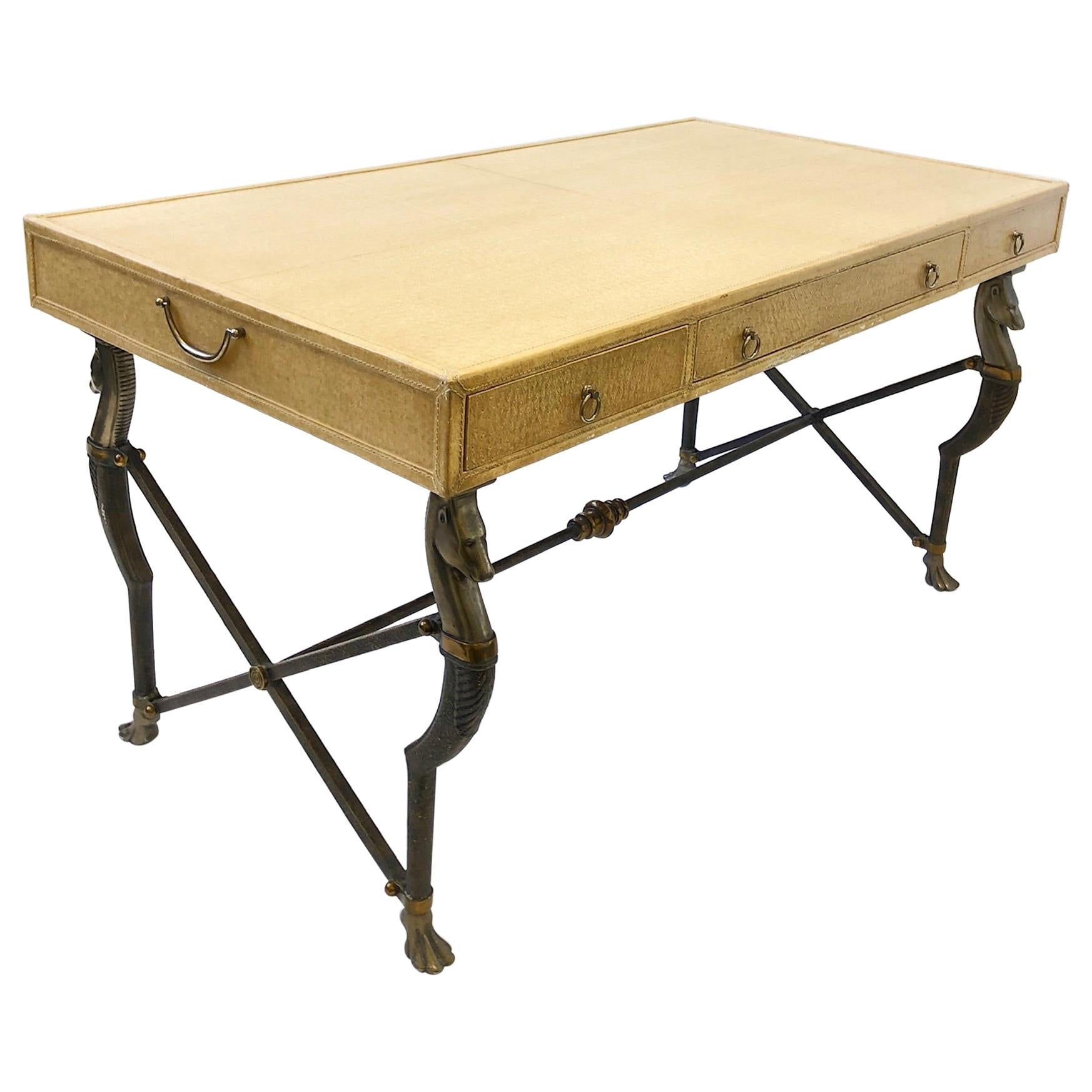 Ostrich Embossed Leather with Brass and Aluminum Campaign Desk by Marge Carson