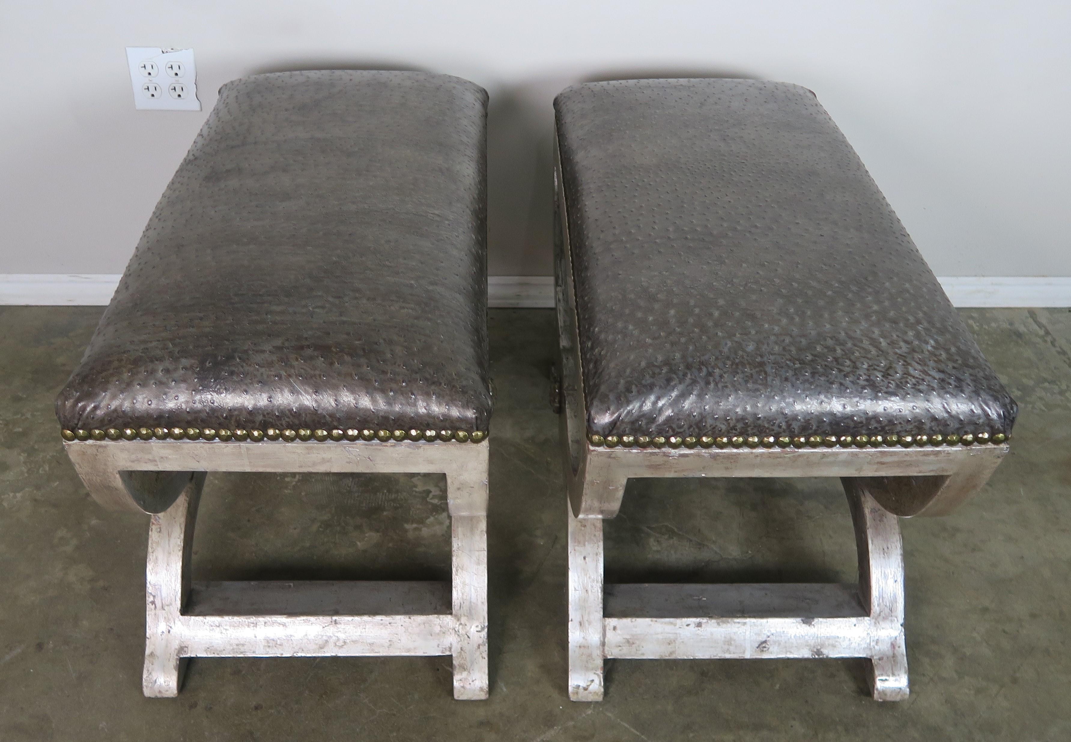 Ostrich Embossed Silvered Benches with Nailhead Trim Detail 3