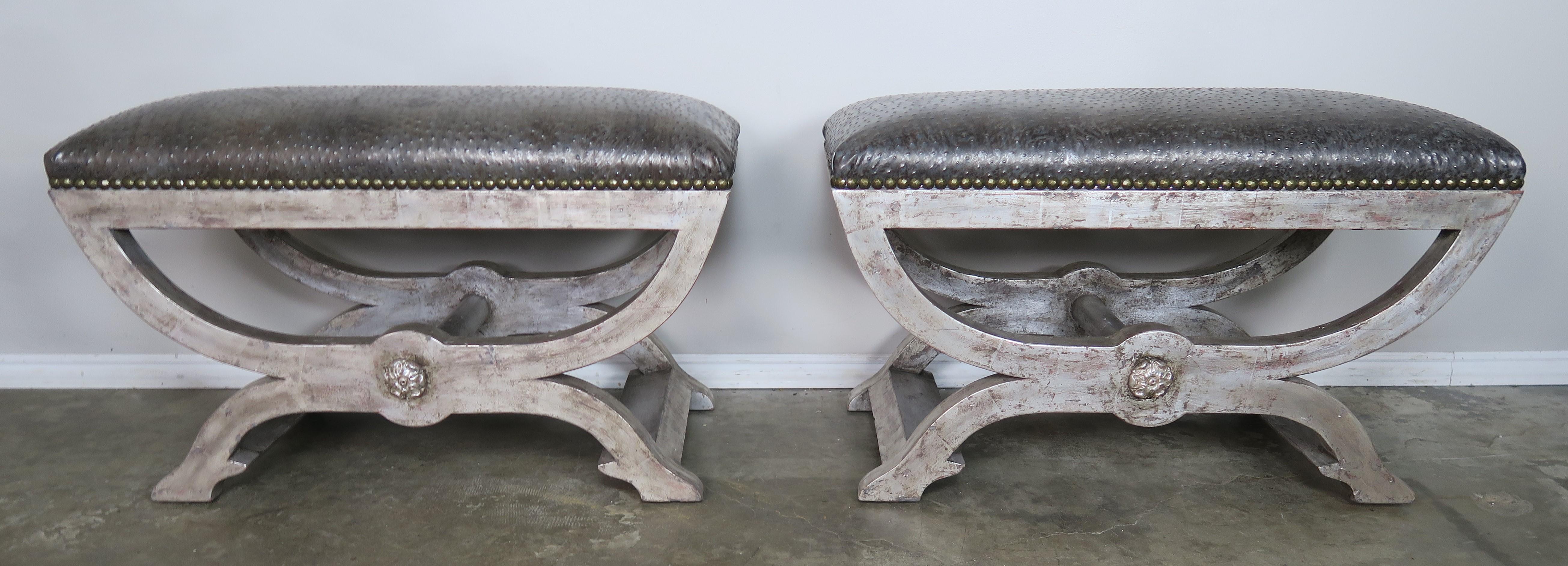 Ostrich Embossed Silvered Benches with Nailhead Trim Detail 7