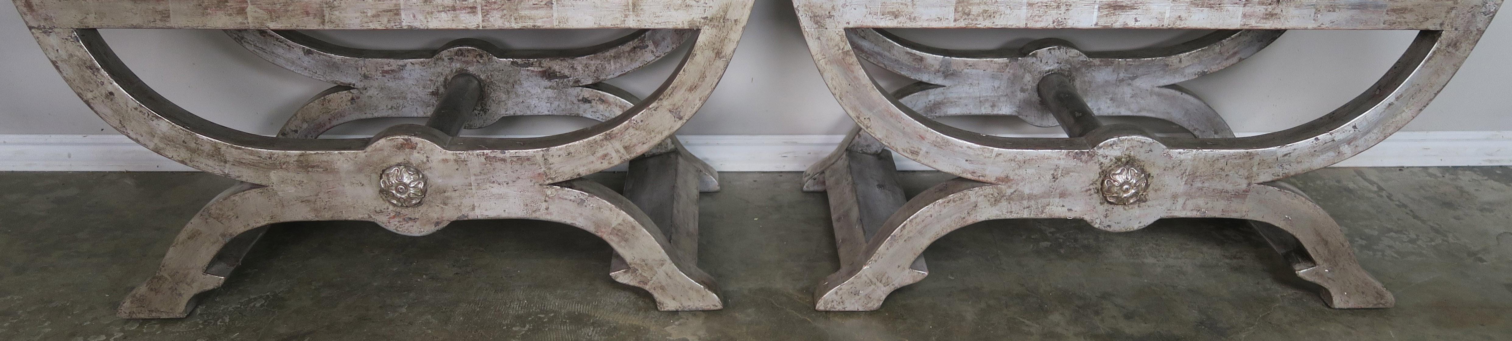 Mid-Century Modern Ostrich Embossed Silvered Benches with Nailhead Trim Detail
