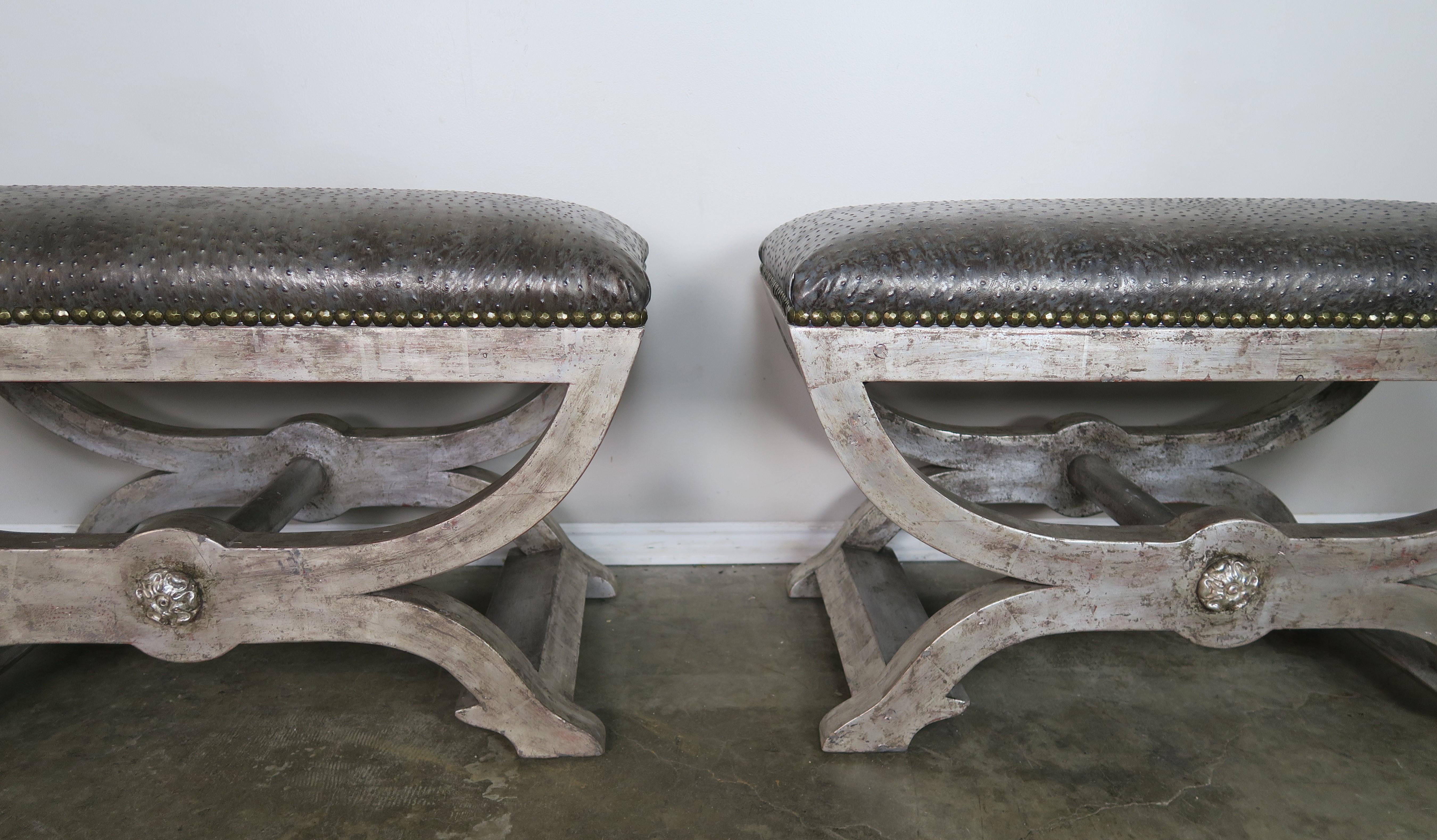Ostrich Embossed Silvered Benches with Nailhead Trim Detail In Distressed Condition In Los Angeles, CA