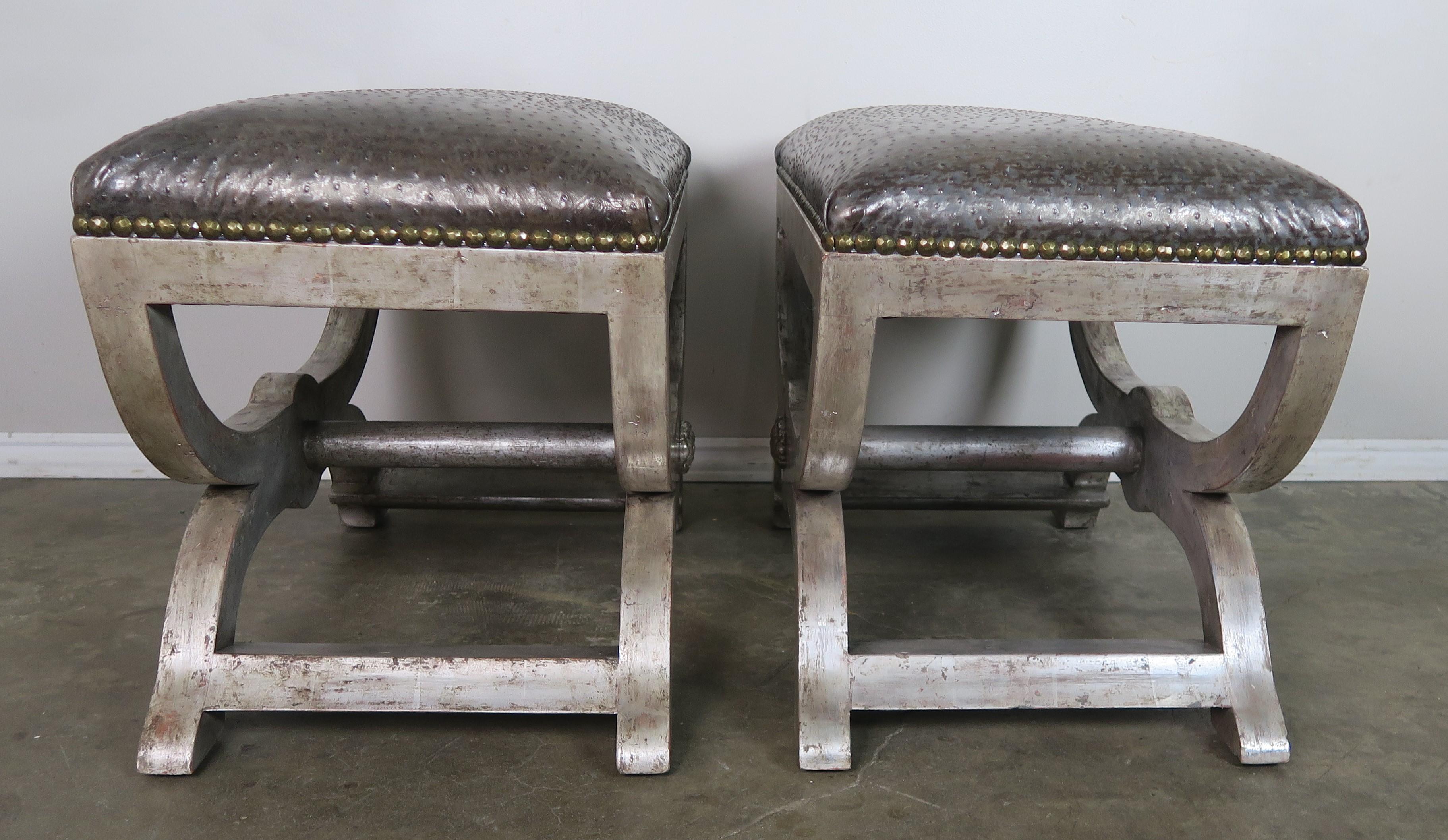 Ostrich Embossed Silvered Benches with Nailhead Trim Detail 2