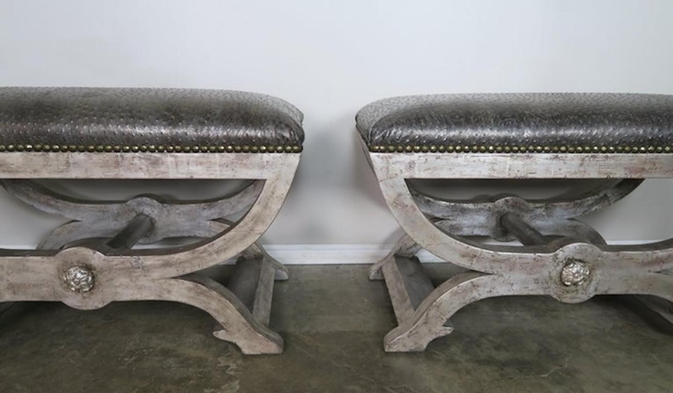 Ostrich Embossed Silvered Benches with Nailhead Trim Detail 3