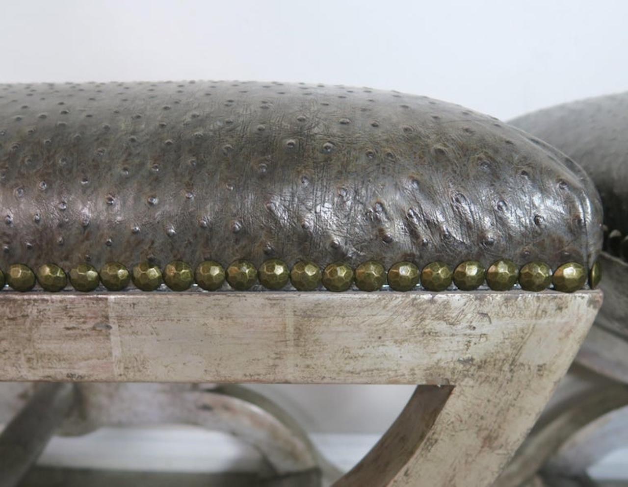 Italian Ostrich Embossed Silvered Benches with Nailhead Trim Detail