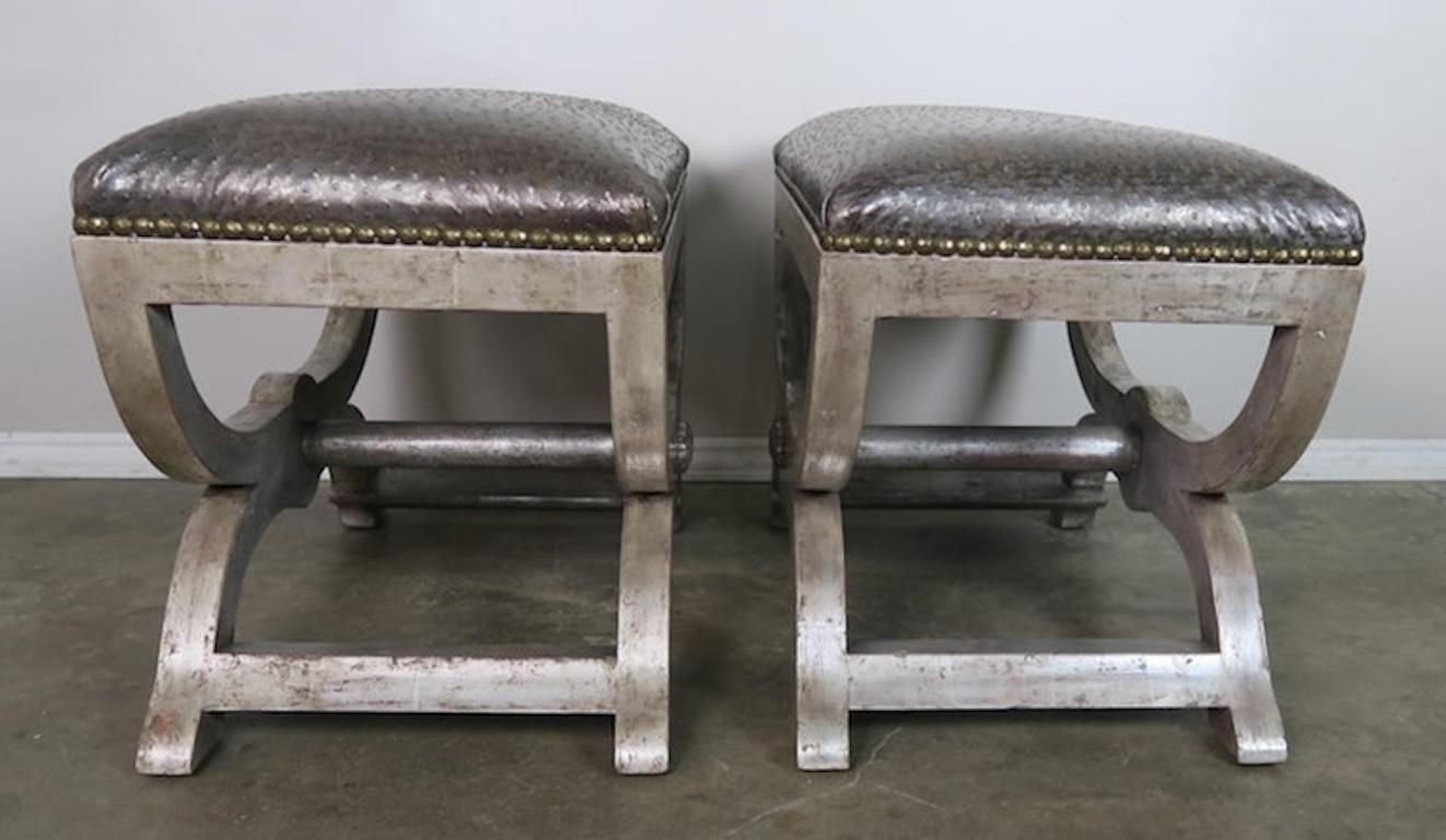 Ostrich Embossed Silvered Benches with Nailhead Trim Detail 1
