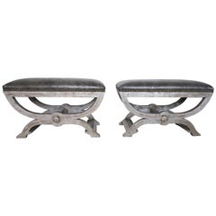 Ostrich Embossed Silvered Benches with Nailhead Trim Detail