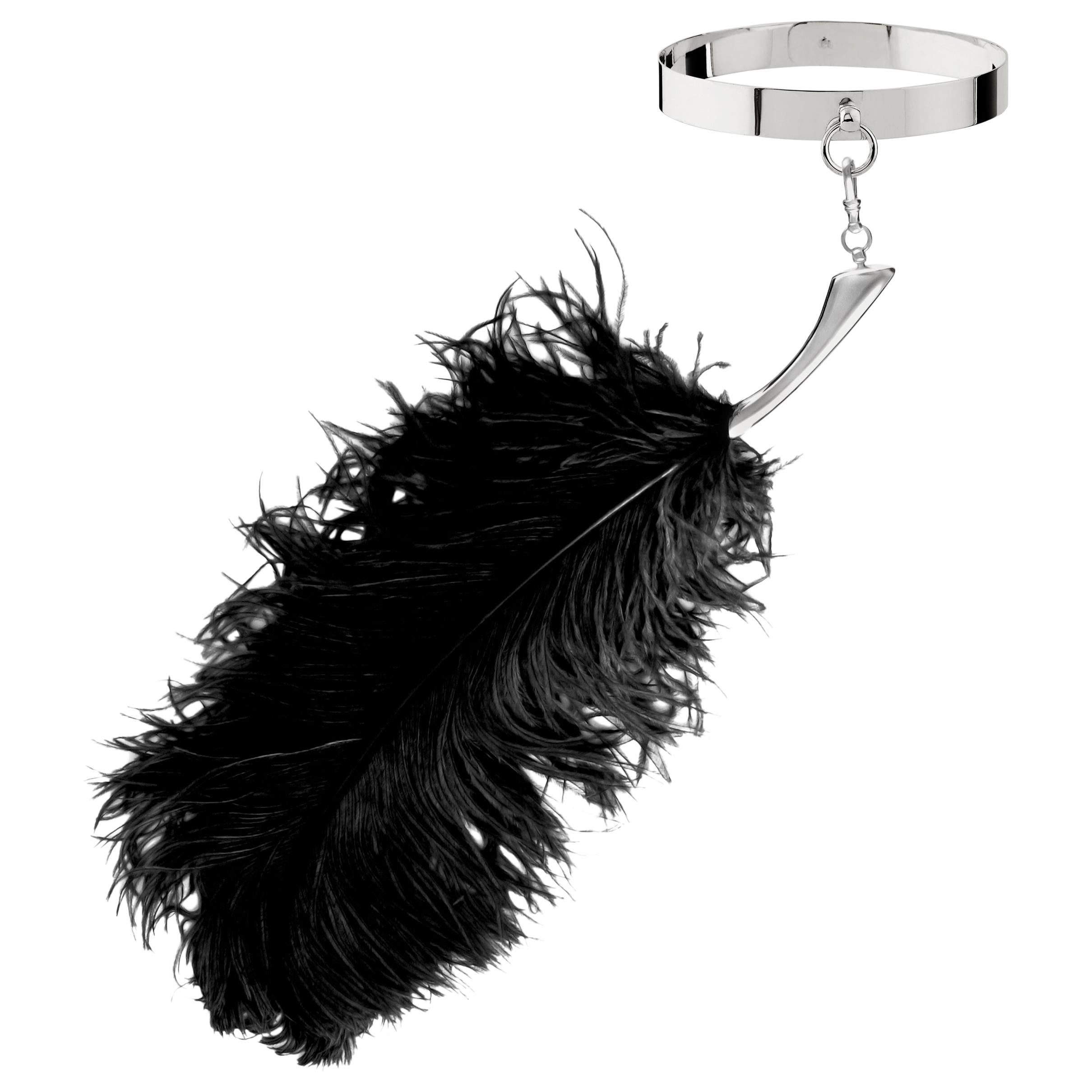 "Ostrich Feather Tickler w O'Ring Choker" Necklace Sterling Silver 925 in Stock