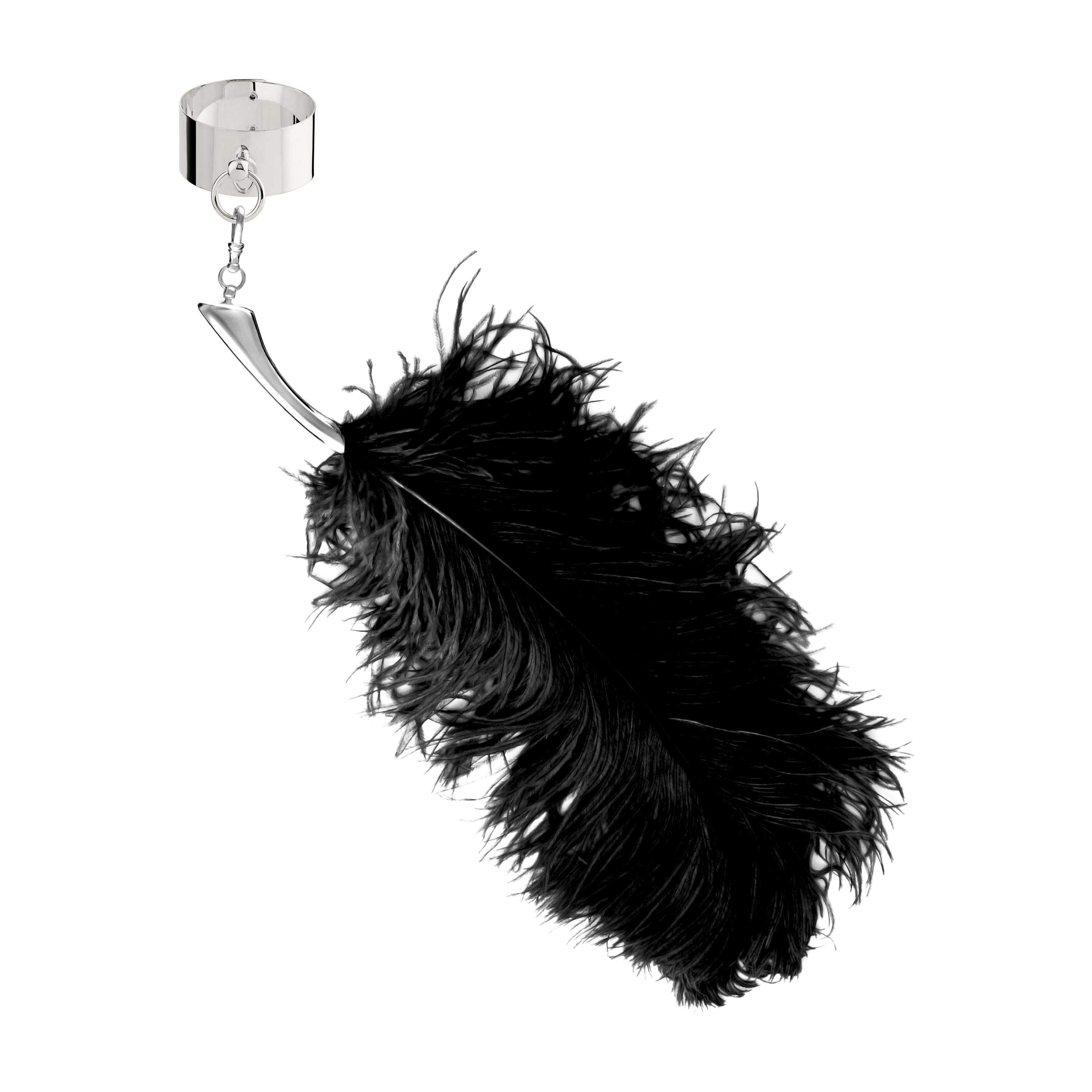 "Ostrich Feather Tickler with O'Ring Cuff" Bracelet Sterling Silver 925 in Stock